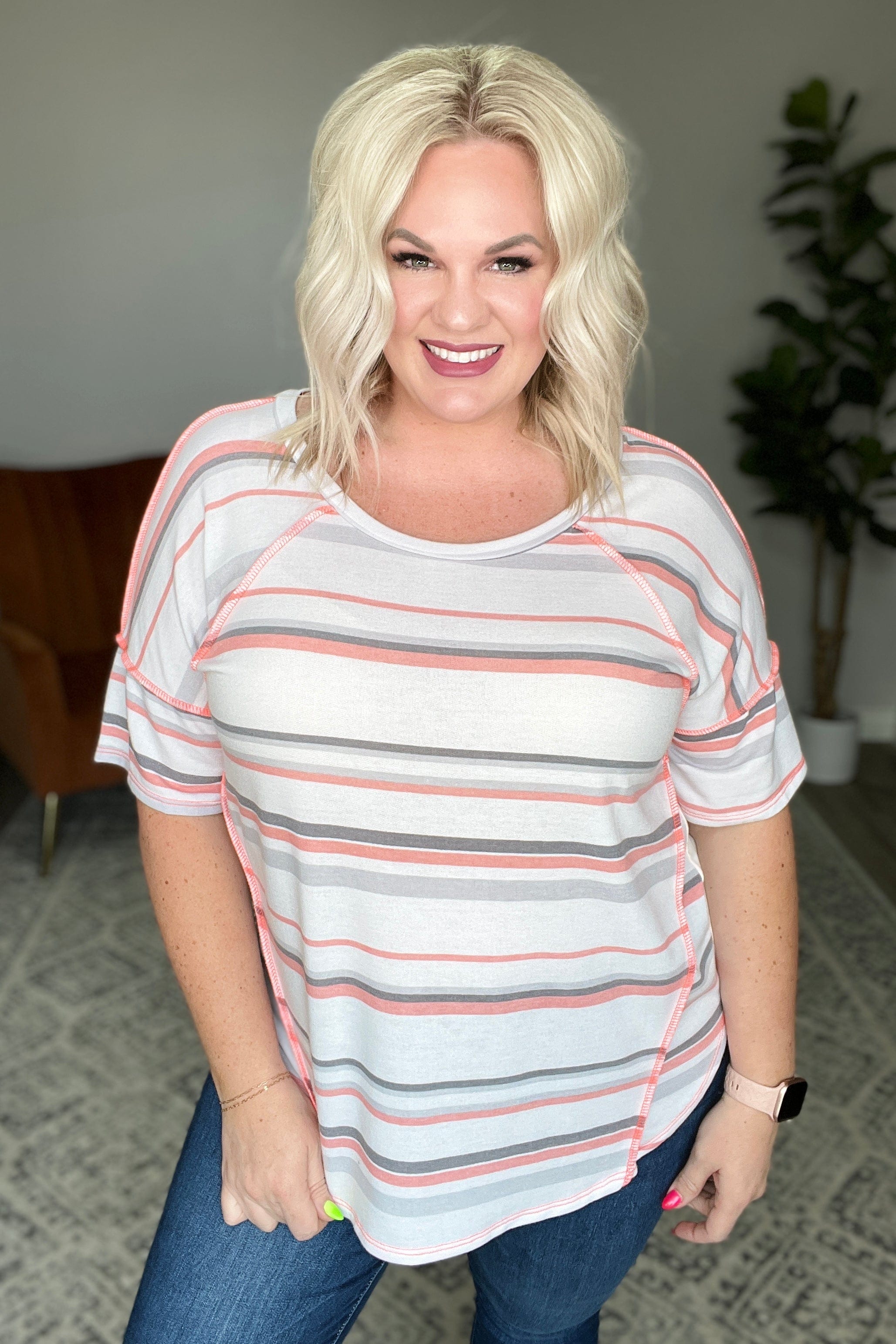 Round Neck Drop Shoulder Striped Top-Womens-Stay Foxy Boutique, Florissant, Missouri