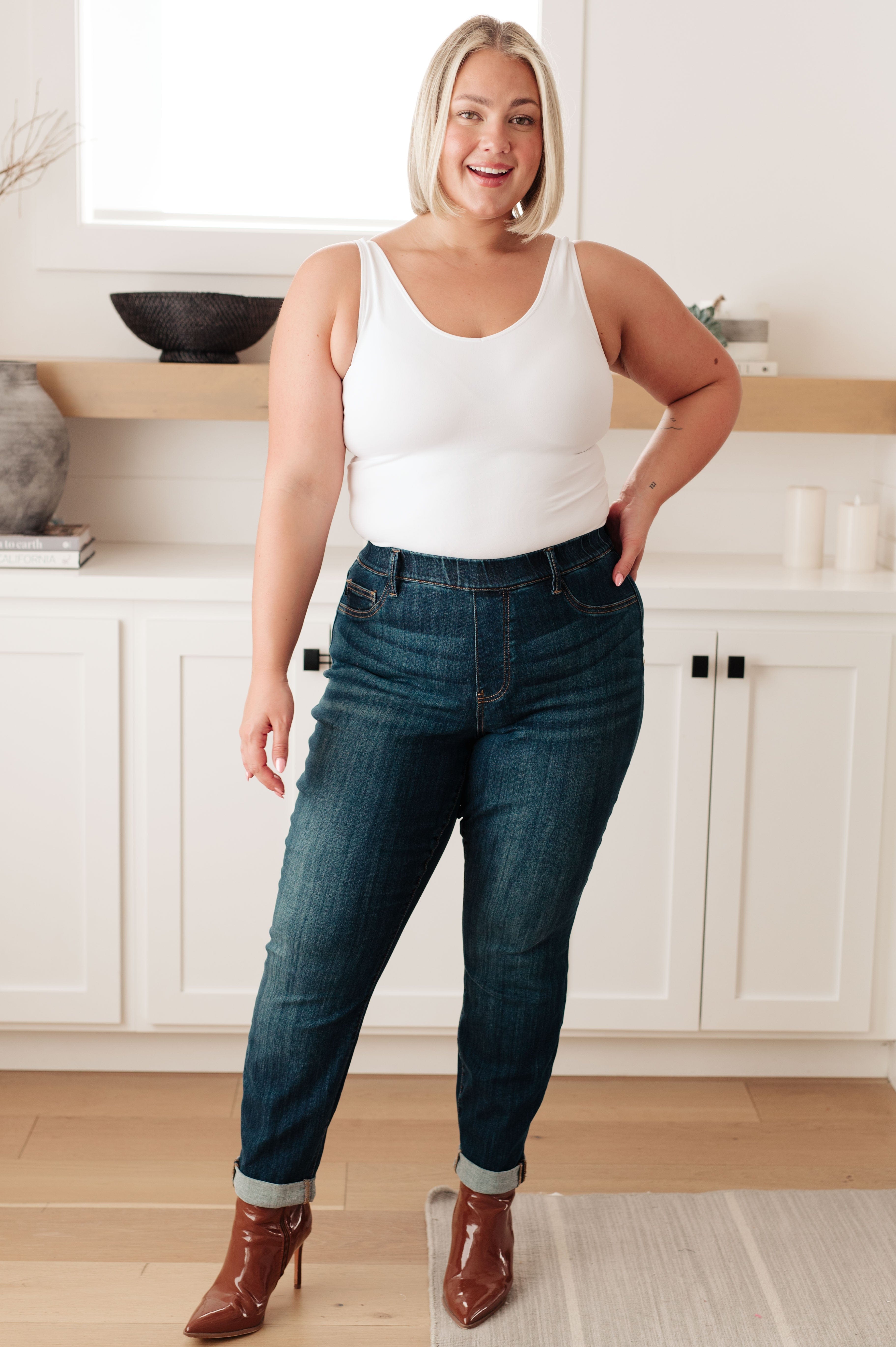 Rowena High Rise Pull On Double Cuff Slim Jeans-Womens-Stay Foxy Boutique, Florissant, Missouri