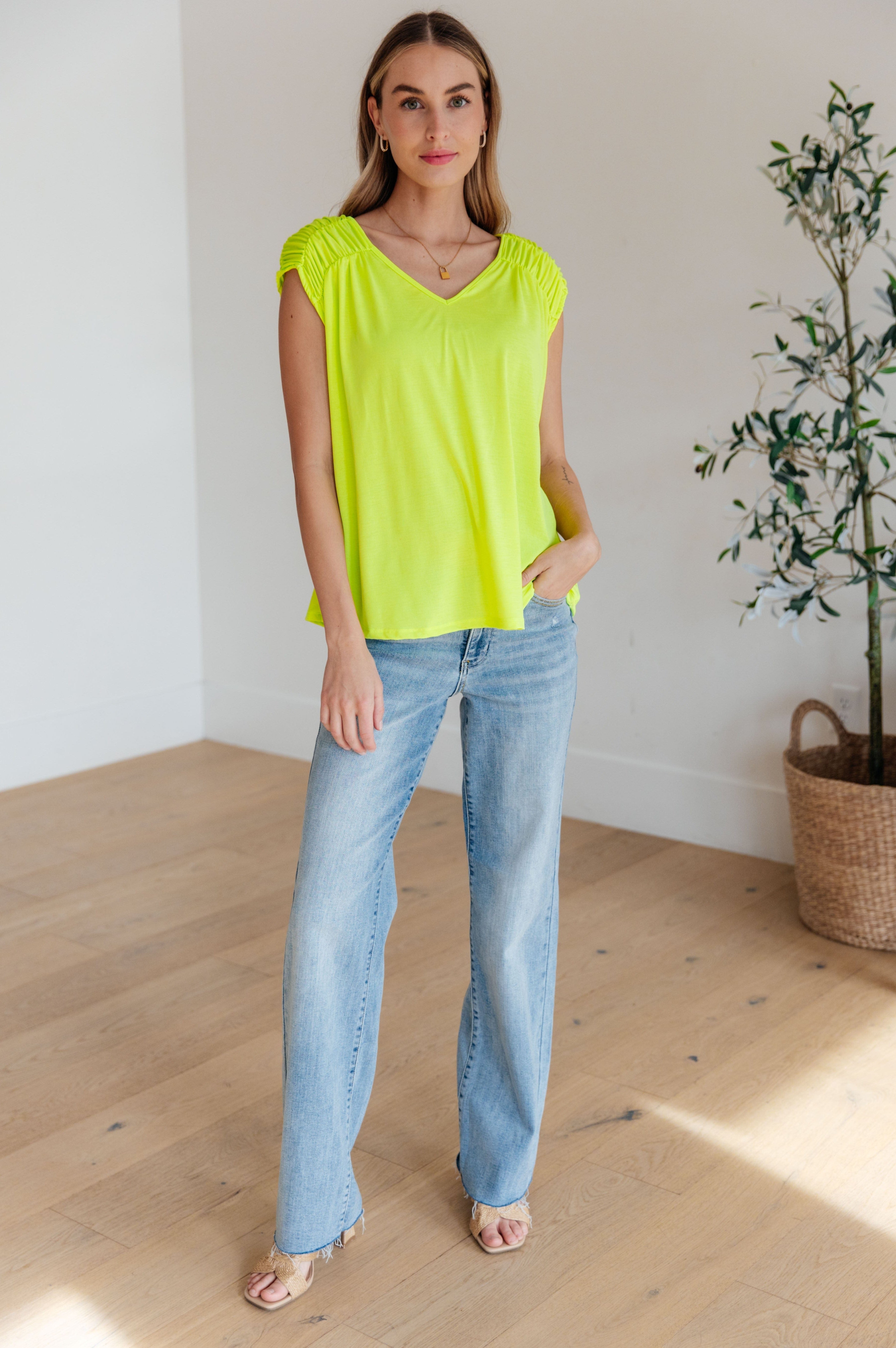 Ruched Cap Sleeve Top in Neon Green-Womens-Stay Foxy Boutique, Florissant, Missouri
