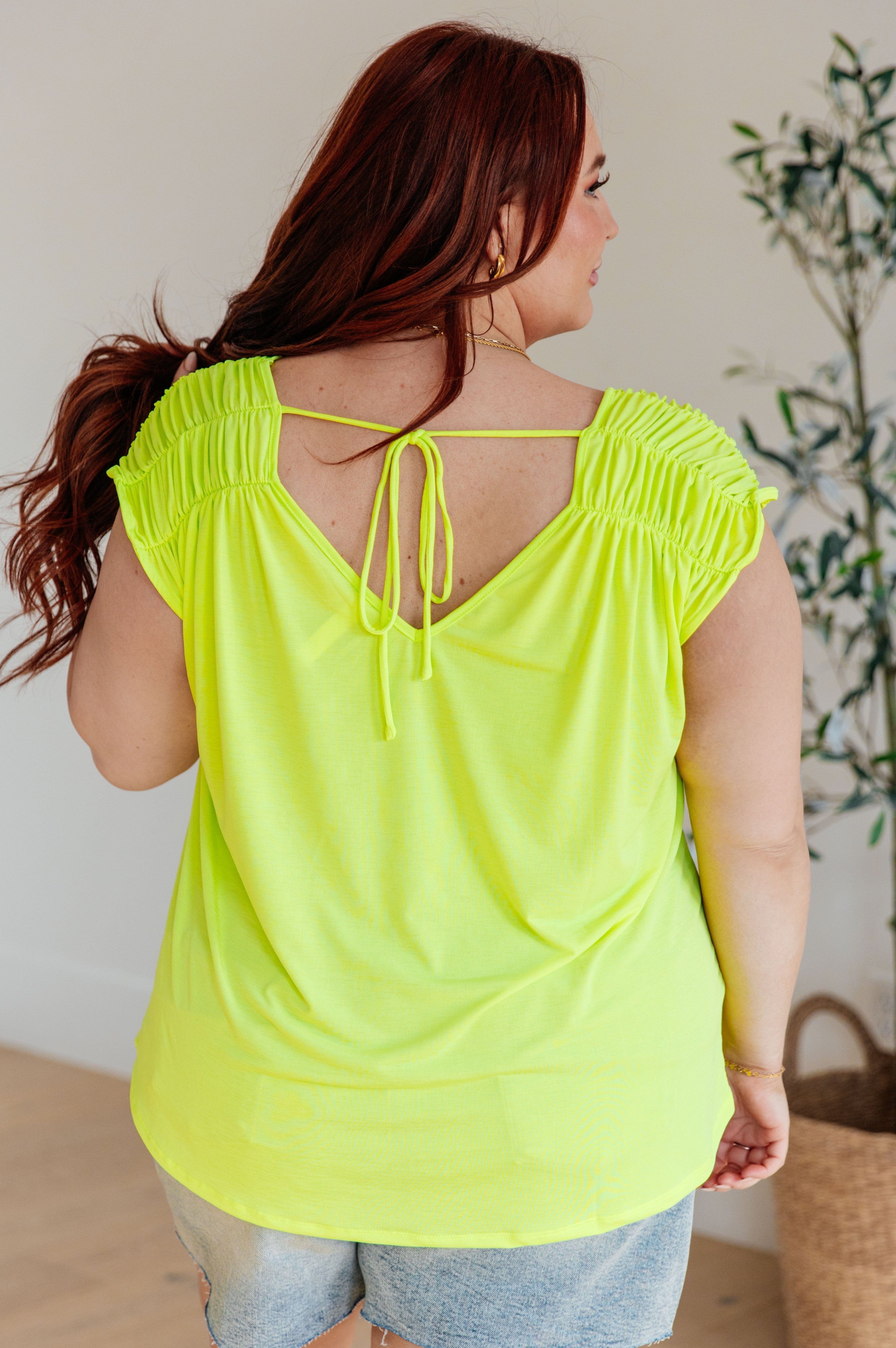 Ruched Cap Sleeve Top in Neon Green-Womens-Stay Foxy Boutique, Florissant, Missouri