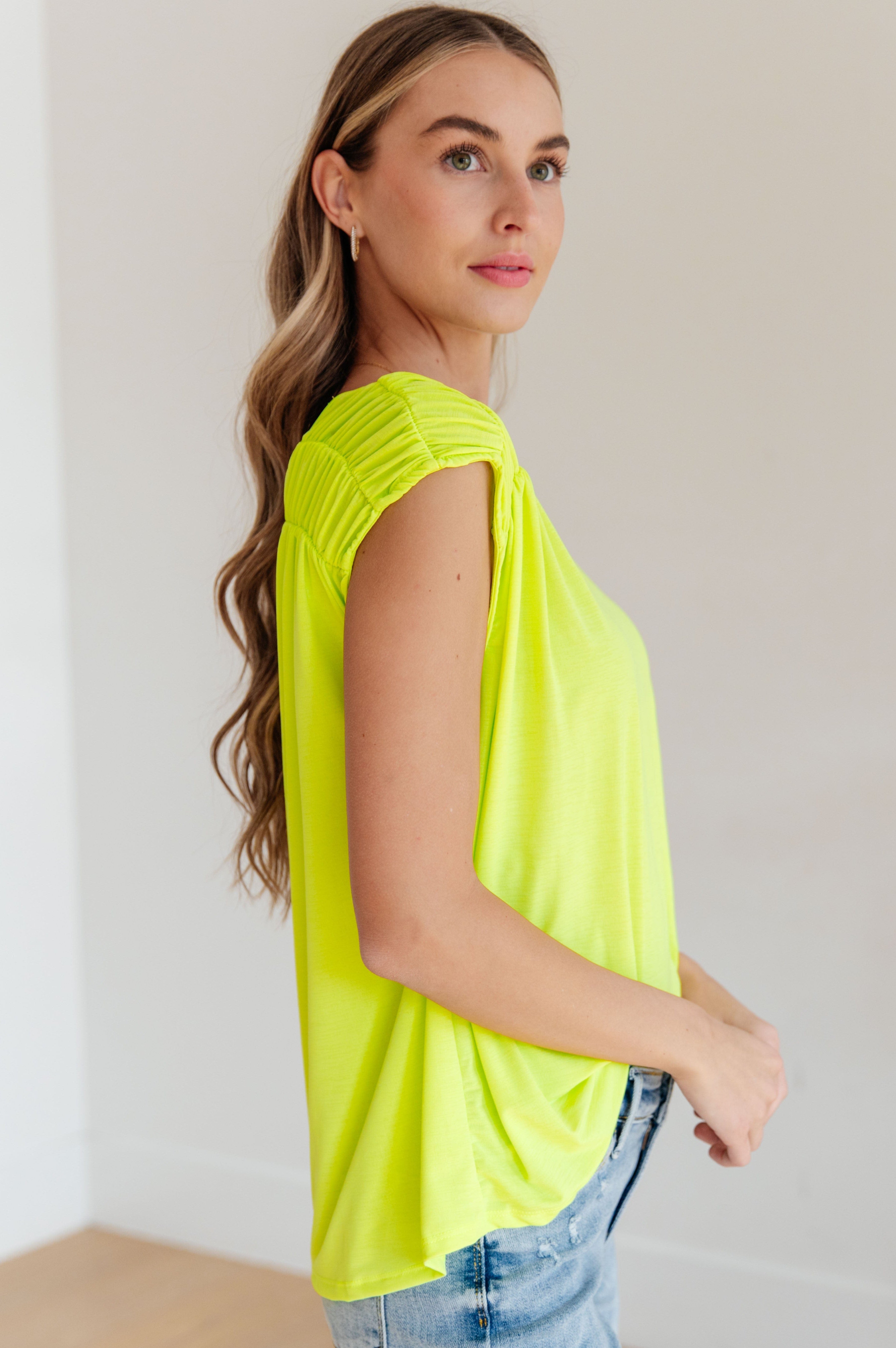 Ruched Cap Sleeve Top in Neon Green-Womens-Stay Foxy Boutique, Florissant, Missouri