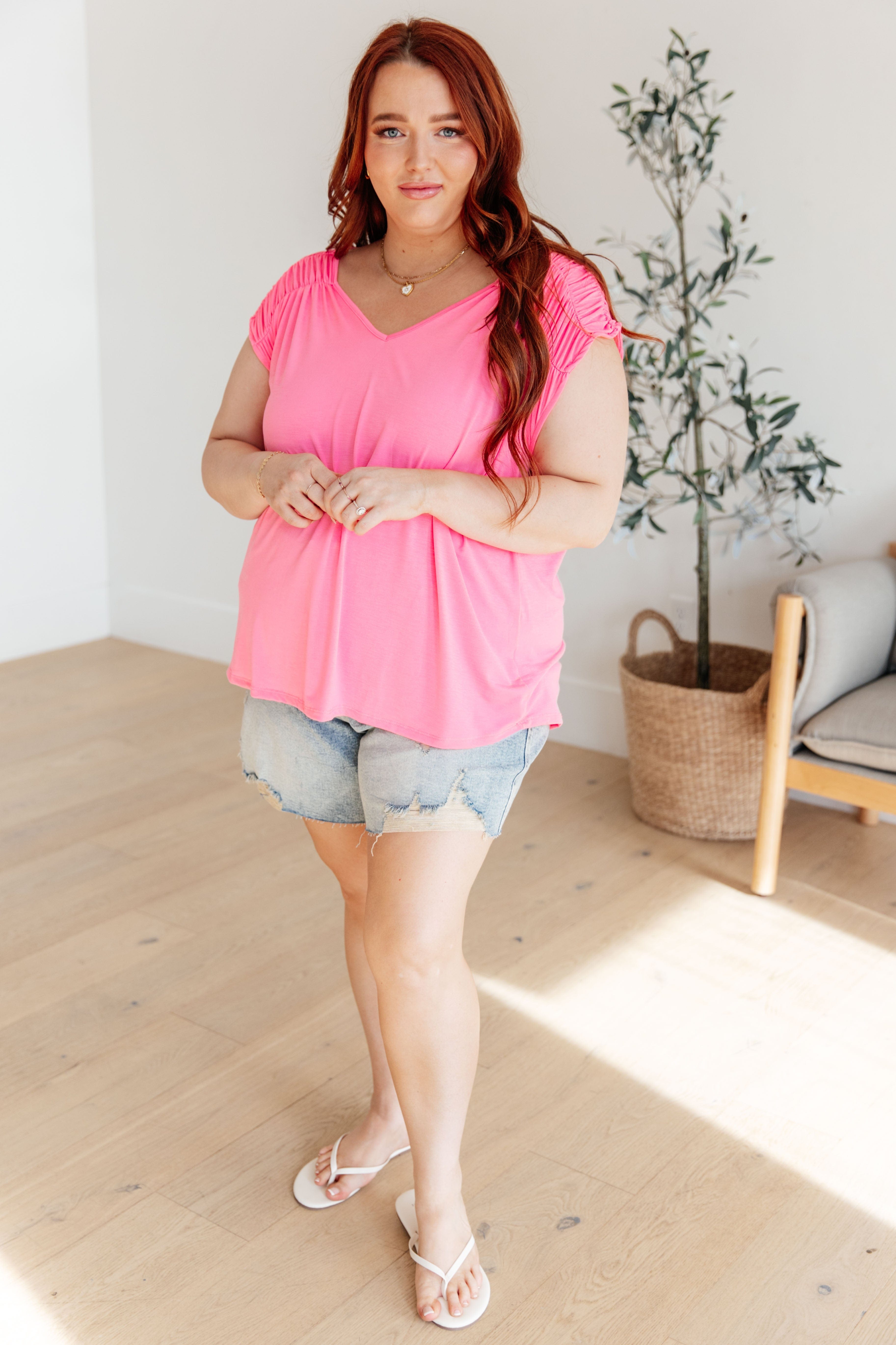 Ruched Cap Sleeve Top in Neon Pink-Womens-Stay Foxy Boutique, Florissant, Missouri