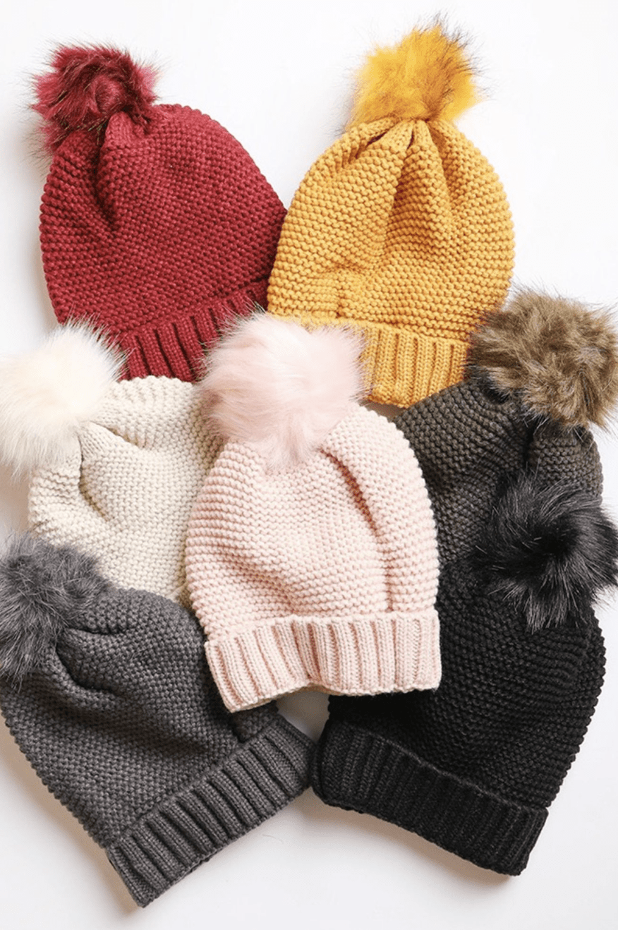 Pom Beanie with Faux Sherpa Lining-Stay Foxy Boutique, Florissant, Missouri