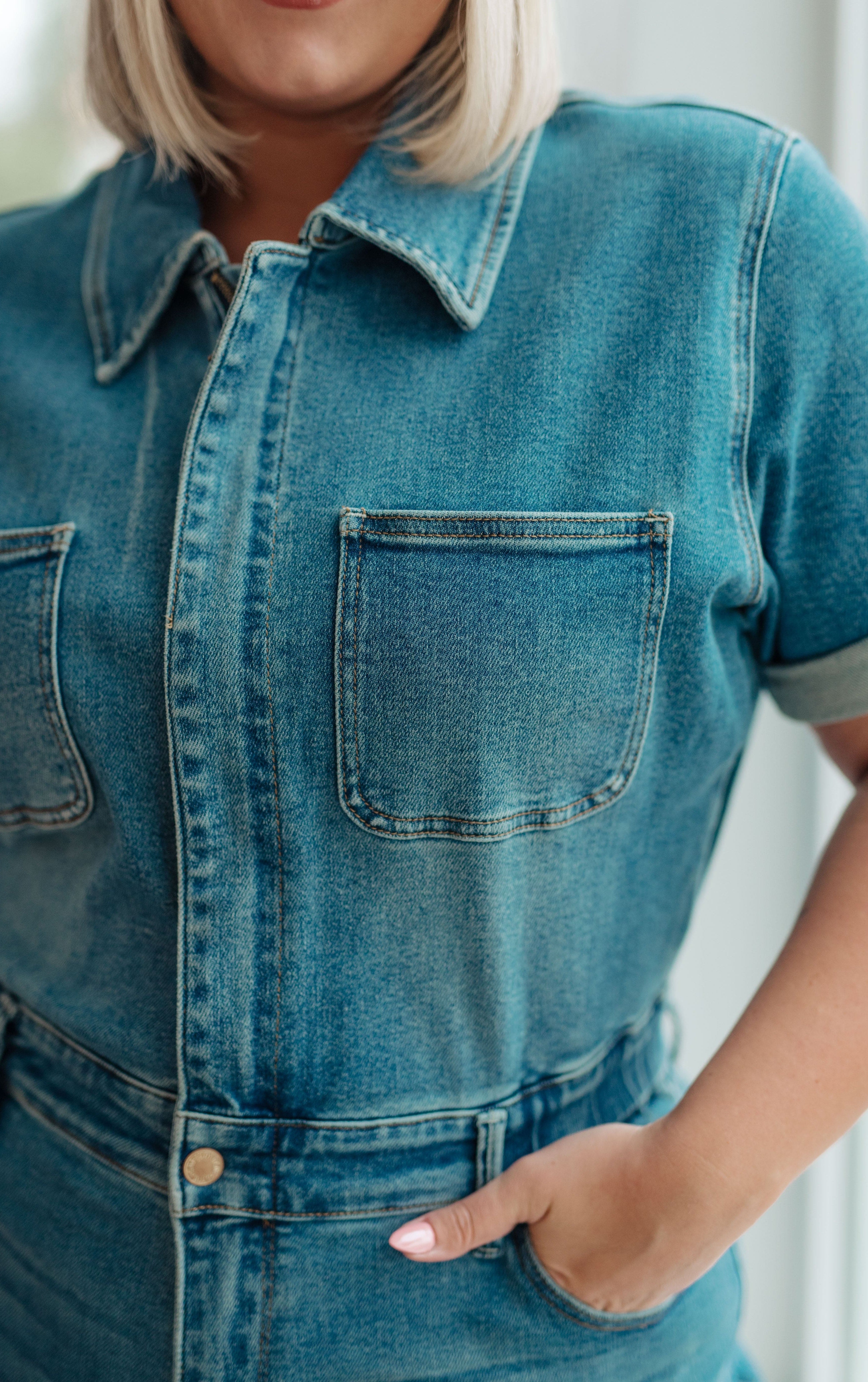 Sylvia Short Sleeve Denim Jumpsuit-Womens-Stay Foxy Boutique, Florissant, Missouri