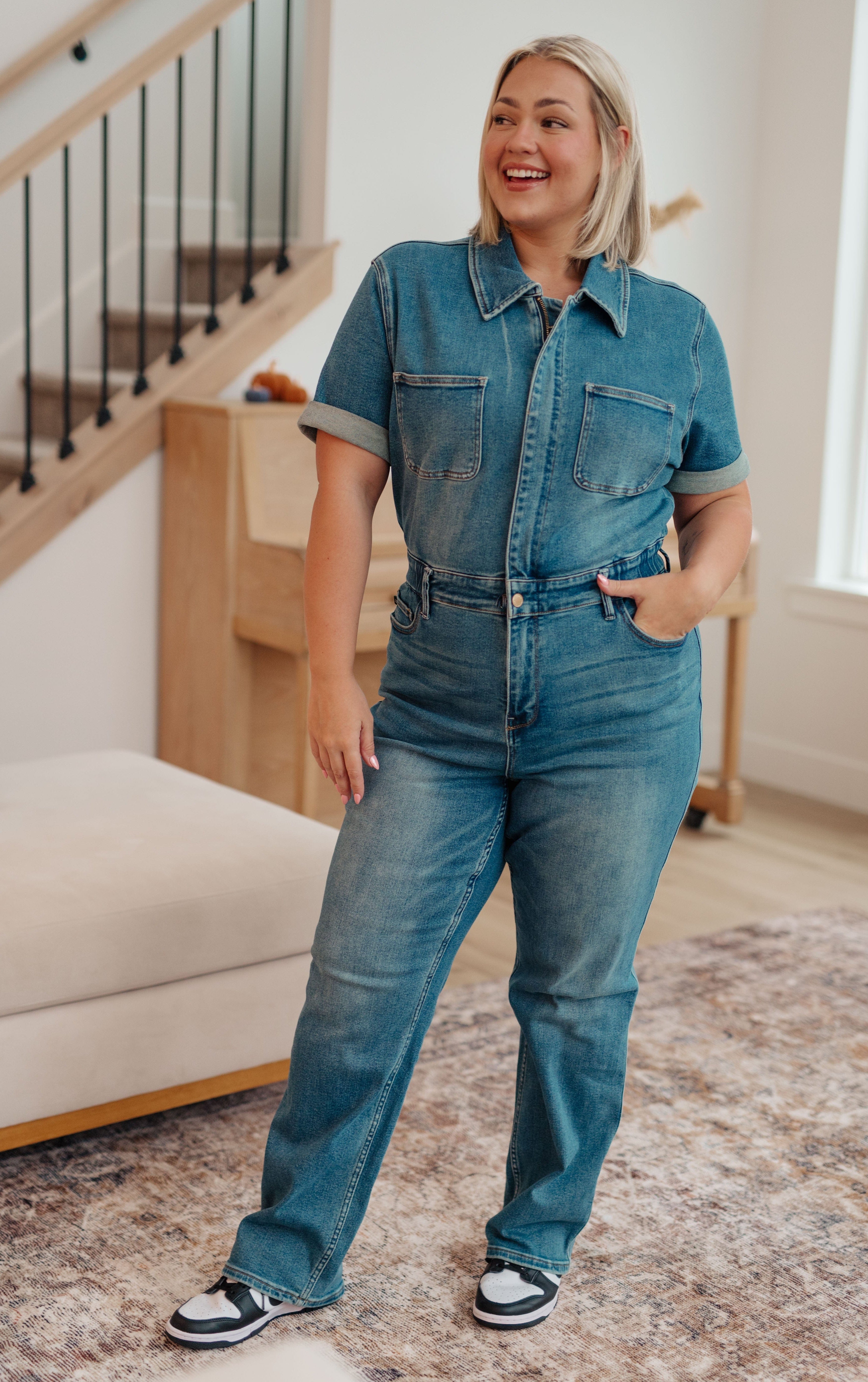 Sylvia Short Sleeve Denim Jumpsuit-Womens-Stay Foxy Boutique, Florissant, Missouri
