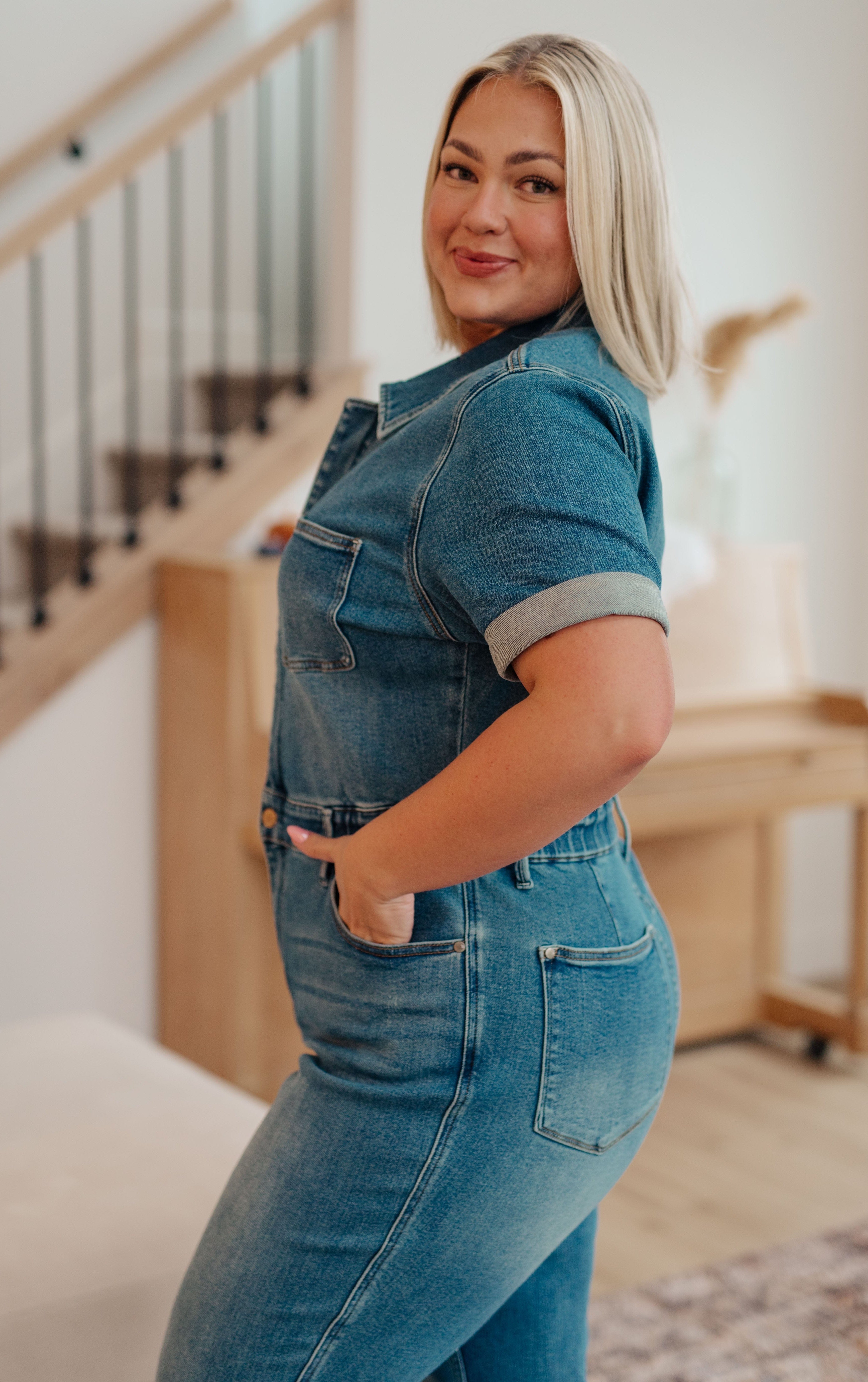 Sylvia Short Sleeve Denim Jumpsuit-Womens-Stay Foxy Boutique, Florissant, Missouri