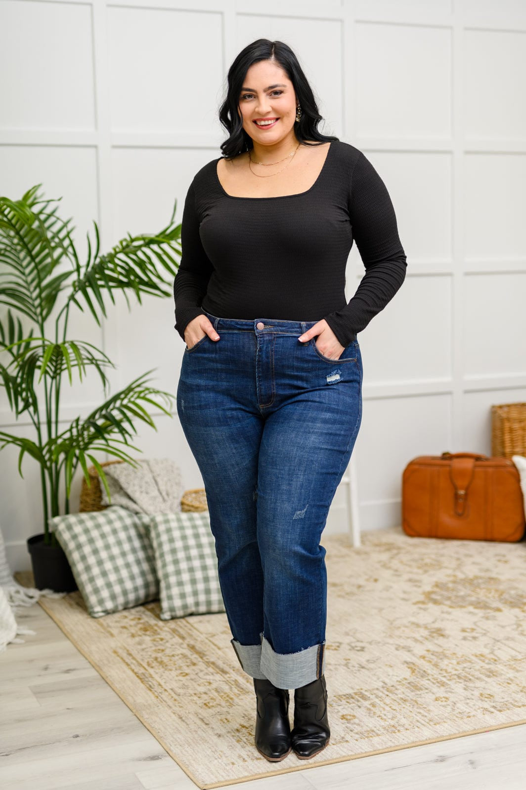 The Trisha Textured Square Neck Bodysuit in Black-Womens-Stay Foxy Boutique, Florissant, Missouri