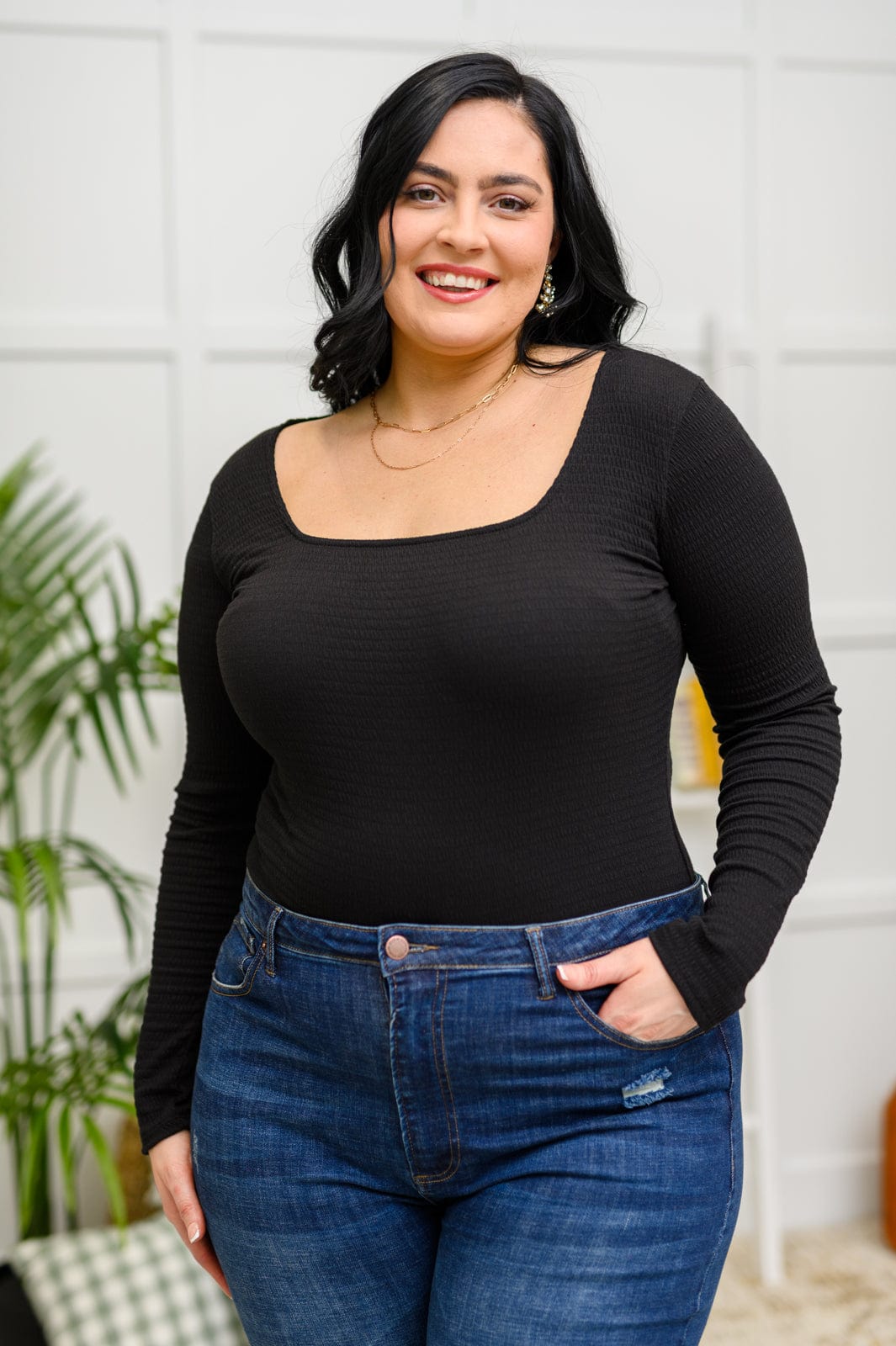 The Trisha Textured Square Neck Bodysuit in Black-Womens-Stay Foxy Boutique, Florissant, Missouri