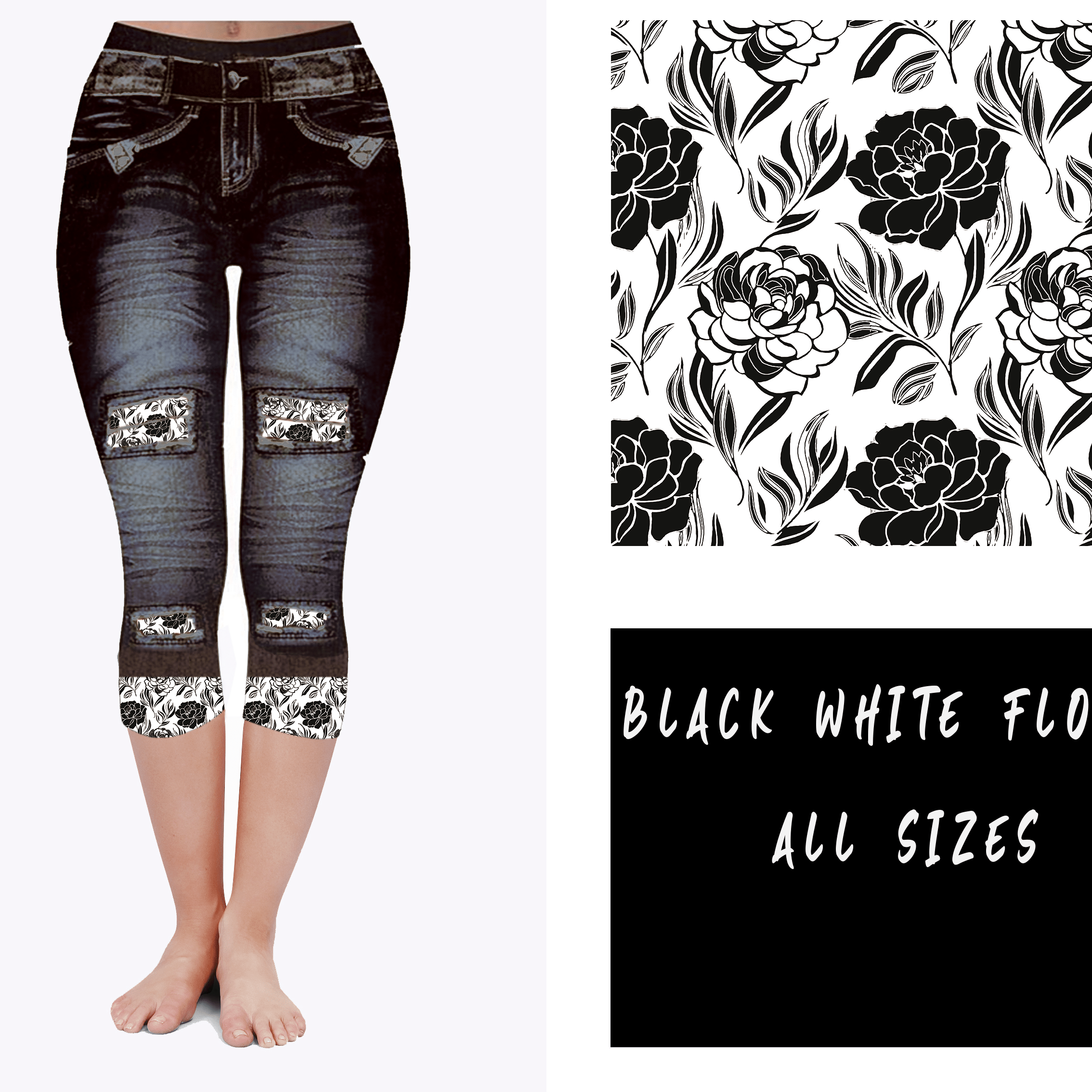 LEGGING JEAN RUN-BLACK WHITE FLORAL (ACTIVE BACK POCKETS)-Stay Foxy Boutique, Florissant, Missouri