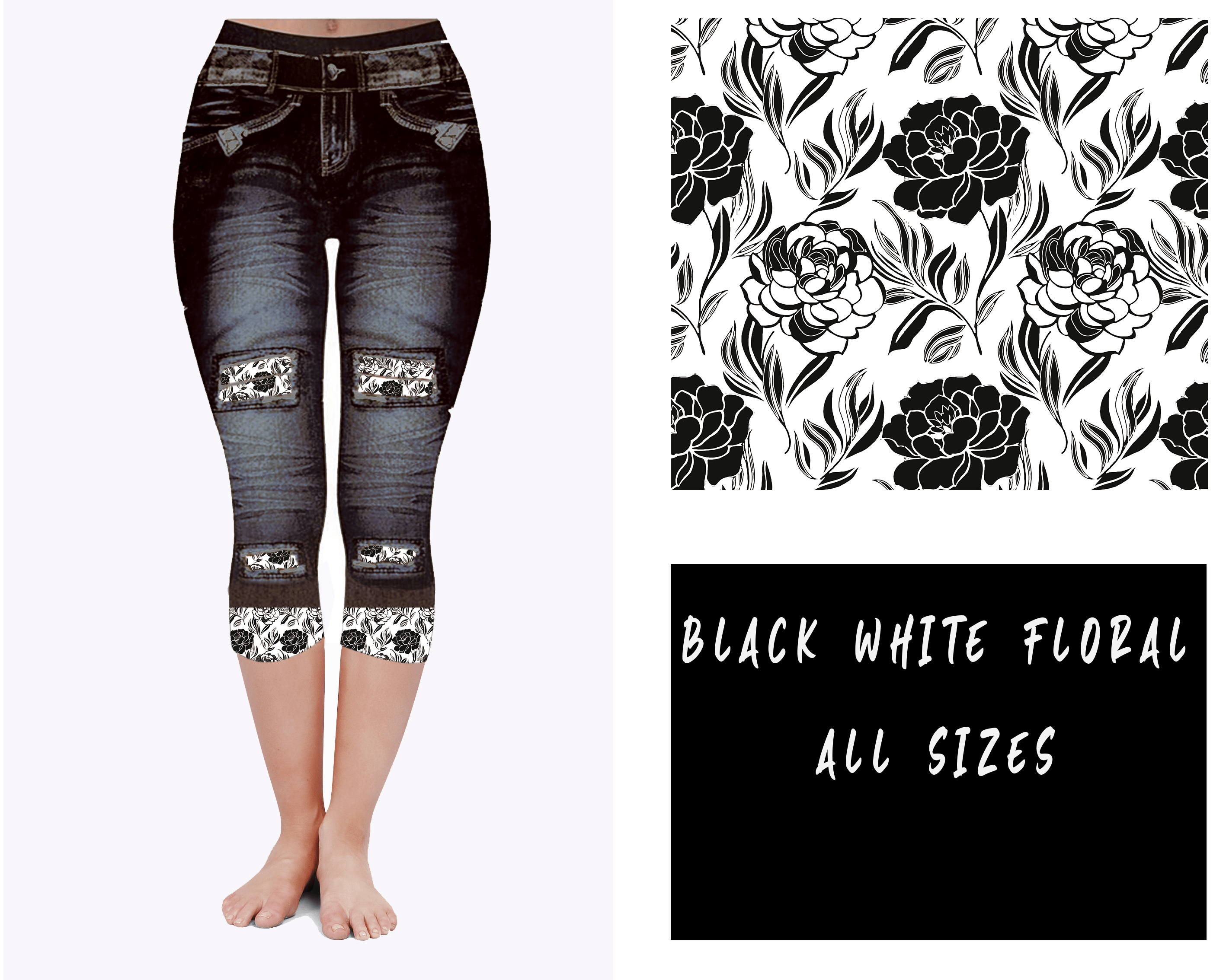 LEGGING JEAN RUN-BLACK WHITE FLORAL (ACTIVE BACK POCKETS)-Stay Foxy Boutique, Florissant, Missouri