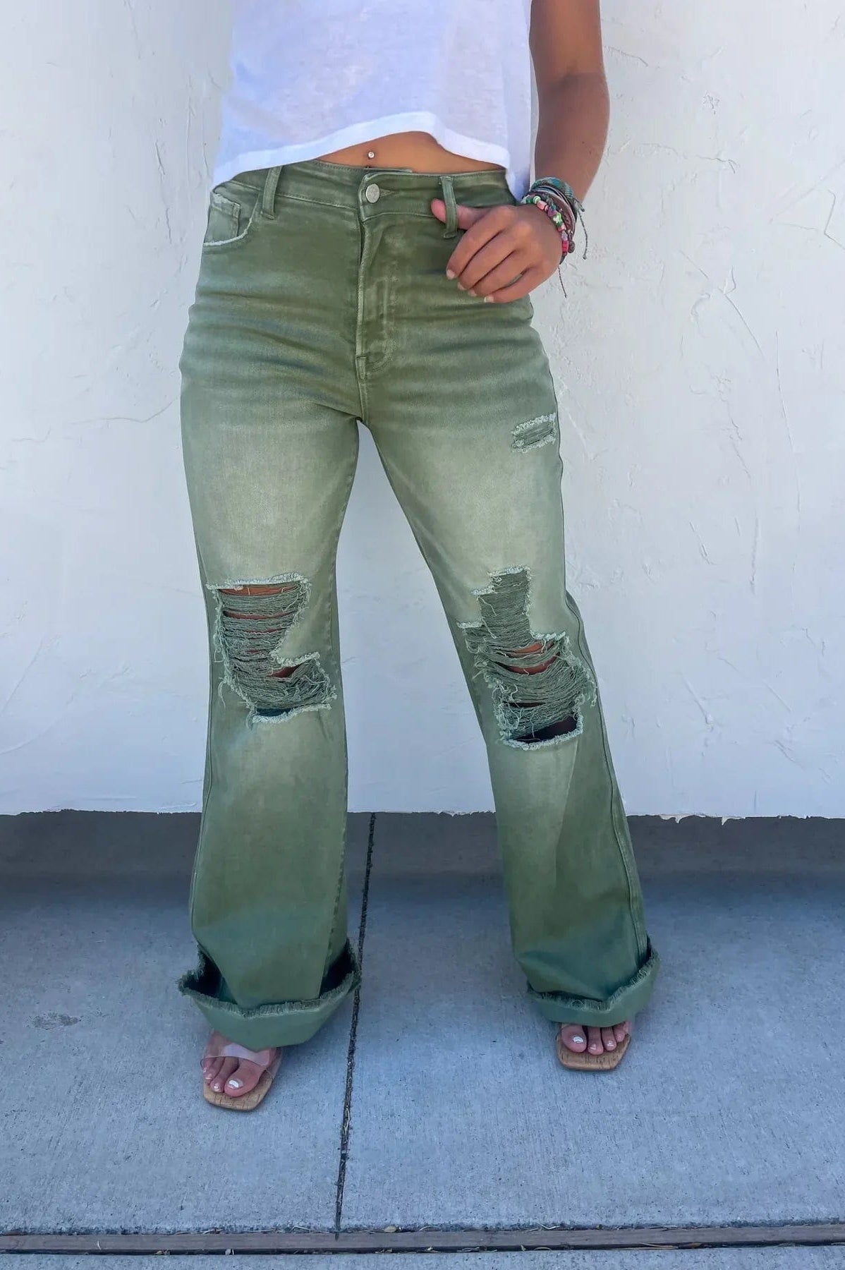 PREORDER: Blakeley Distressed Jeans In Olive and Camel-Womens-Stay Foxy Boutique, Florissant, Missouri