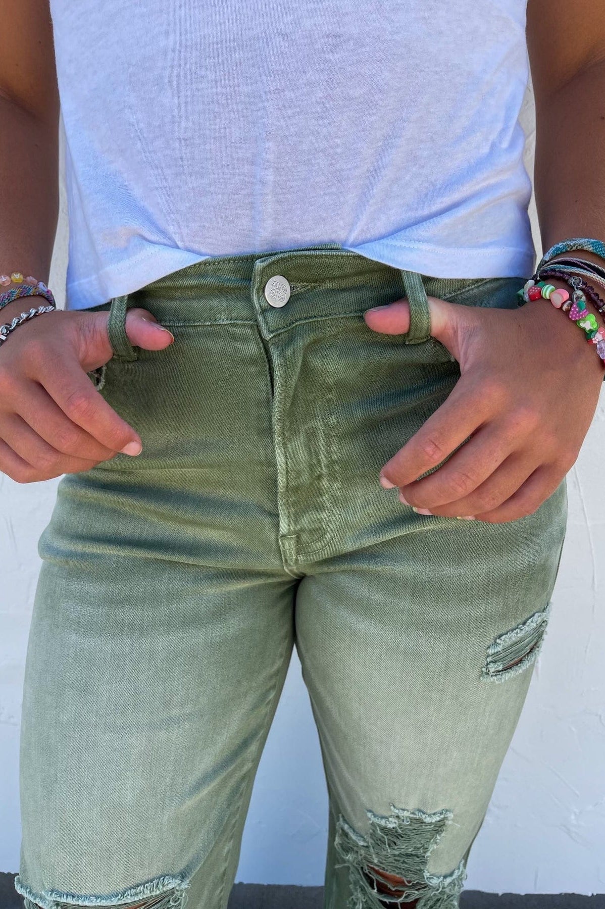 PREORDER: Blakeley Distressed Jeans In Olive and Camel-Womens-Stay Foxy Boutique, Florissant, Missouri