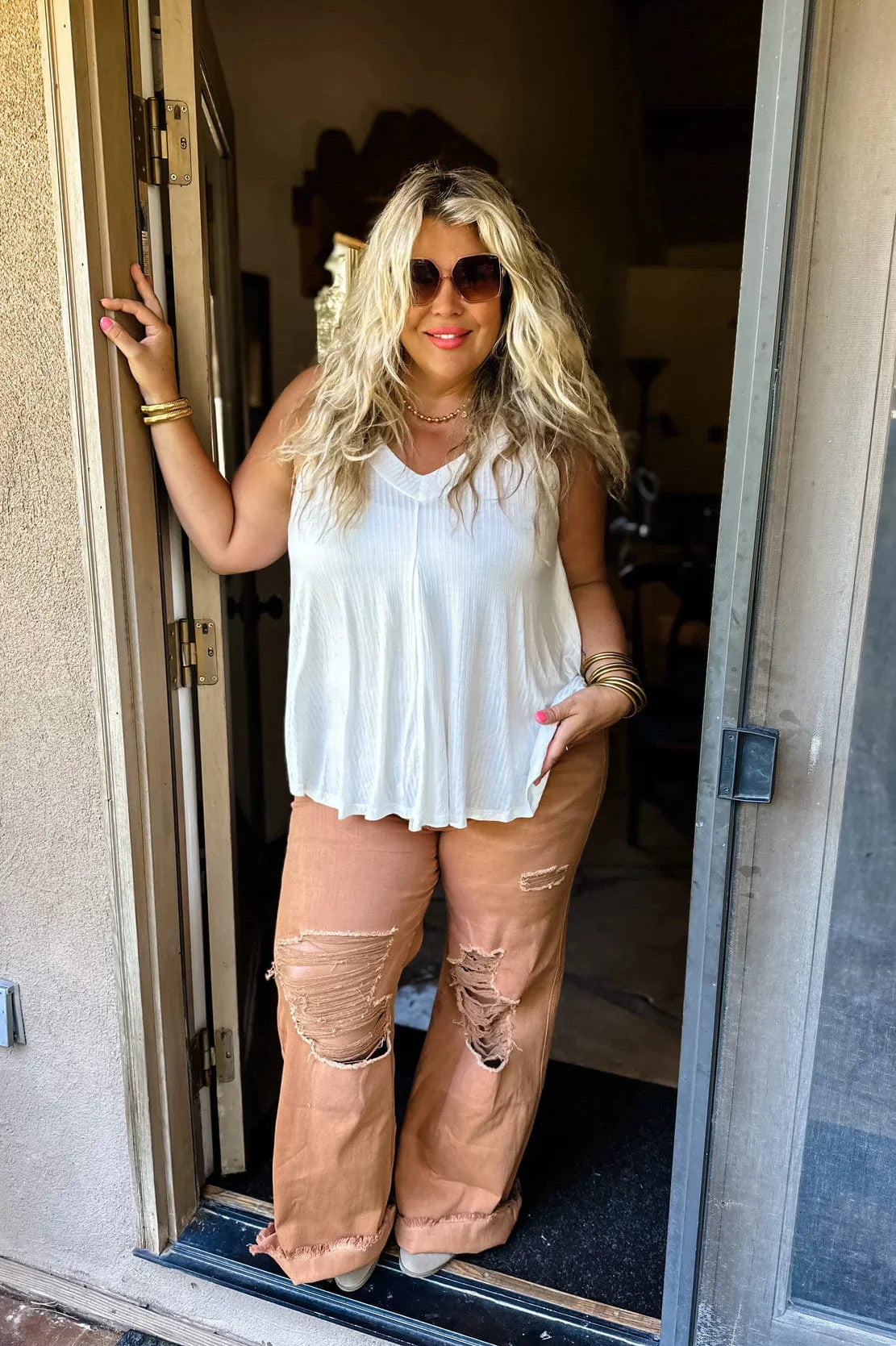 PREORDER: Blakeley Distressed Jeans In Olive and Camel-Womens-Stay Foxy Boutique, Florissant, Missouri