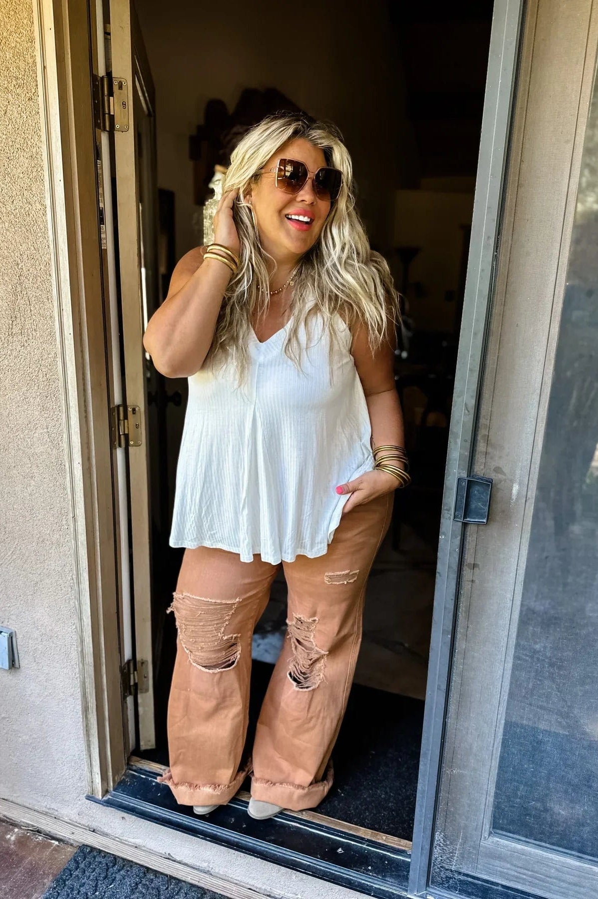 PREORDER: Blakeley Distressed Jeans In Olive and Camel-Womens-Stay Foxy Boutique, Florissant, Missouri