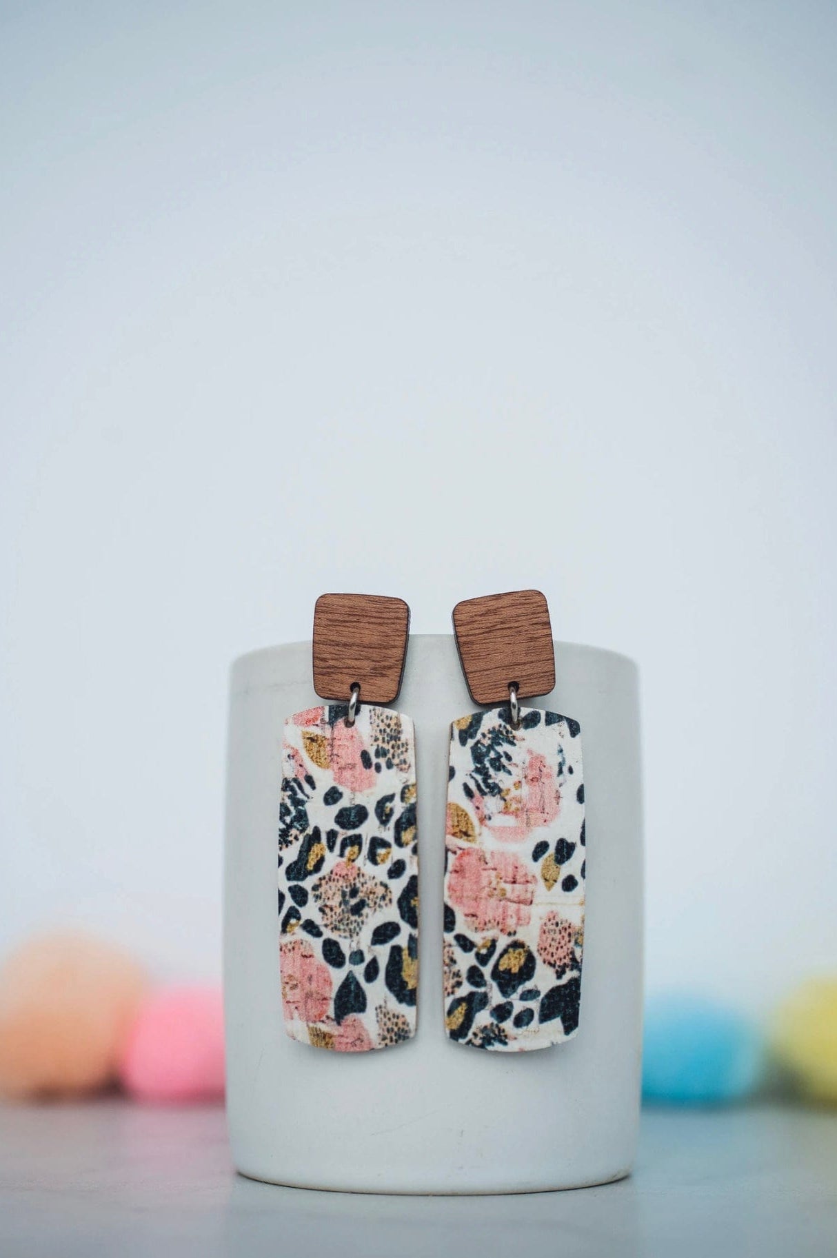 Blush Leopard Floral Cork Leather Wood Accent Bar Dangles-Stay Foxy Boutique, Florissant, Missouri