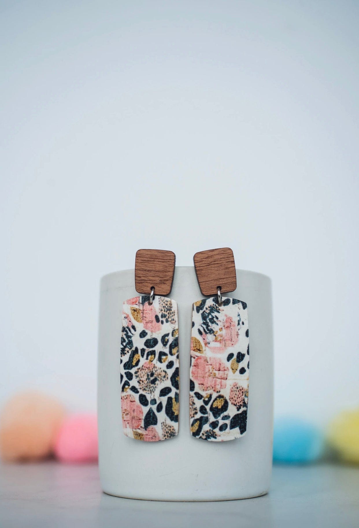 Blush Leopard Floral Cork Leather Wood Accent Bar Dangles-Stay Foxy Boutique, Florissant, Missouri