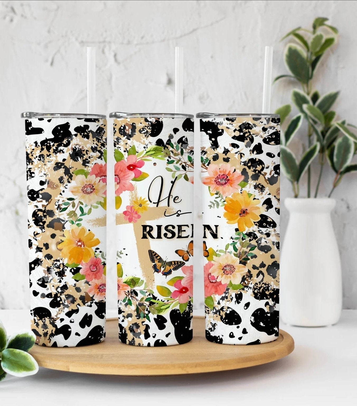 He Is Risen Animal Print Easter Tumbler-Stay Foxy Boutique, Florissant, Missouri