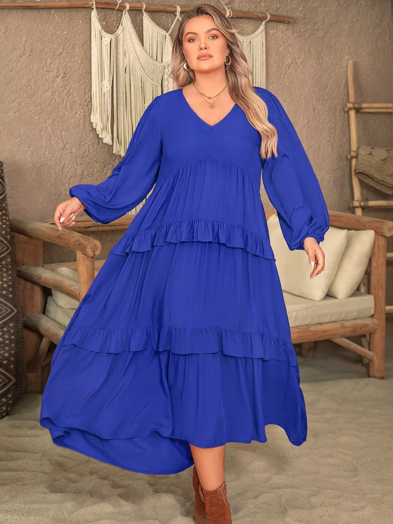 Plus Size Balloon Sleeve Ruffle Tiered Flowy Dress-Stay Foxy Boutique, Florissant, Missouri