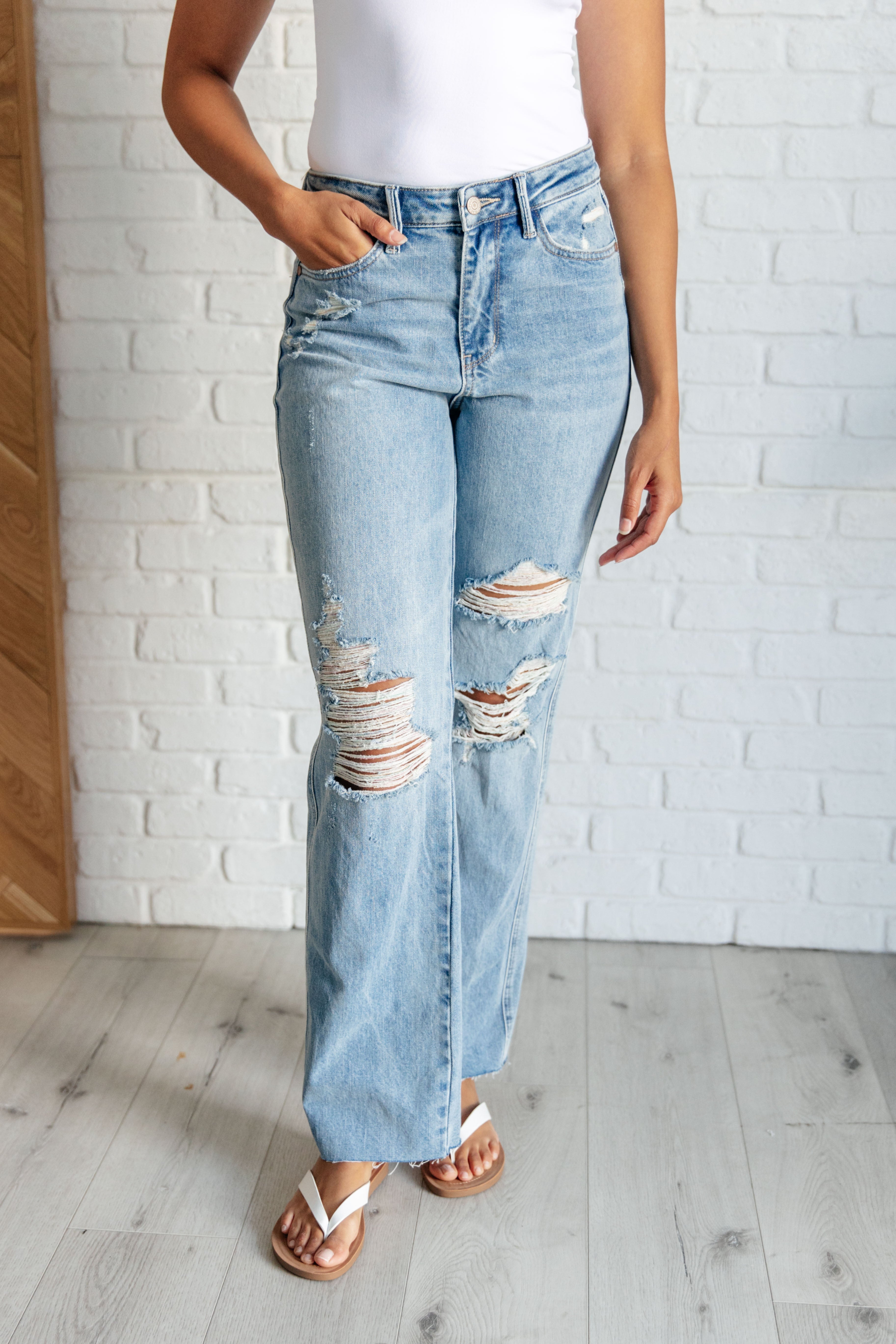 Ramona High Rise Rigid Magic Destroyed Straight Jeans-Womens-Stay Foxy Boutique, Florissant, Missouri