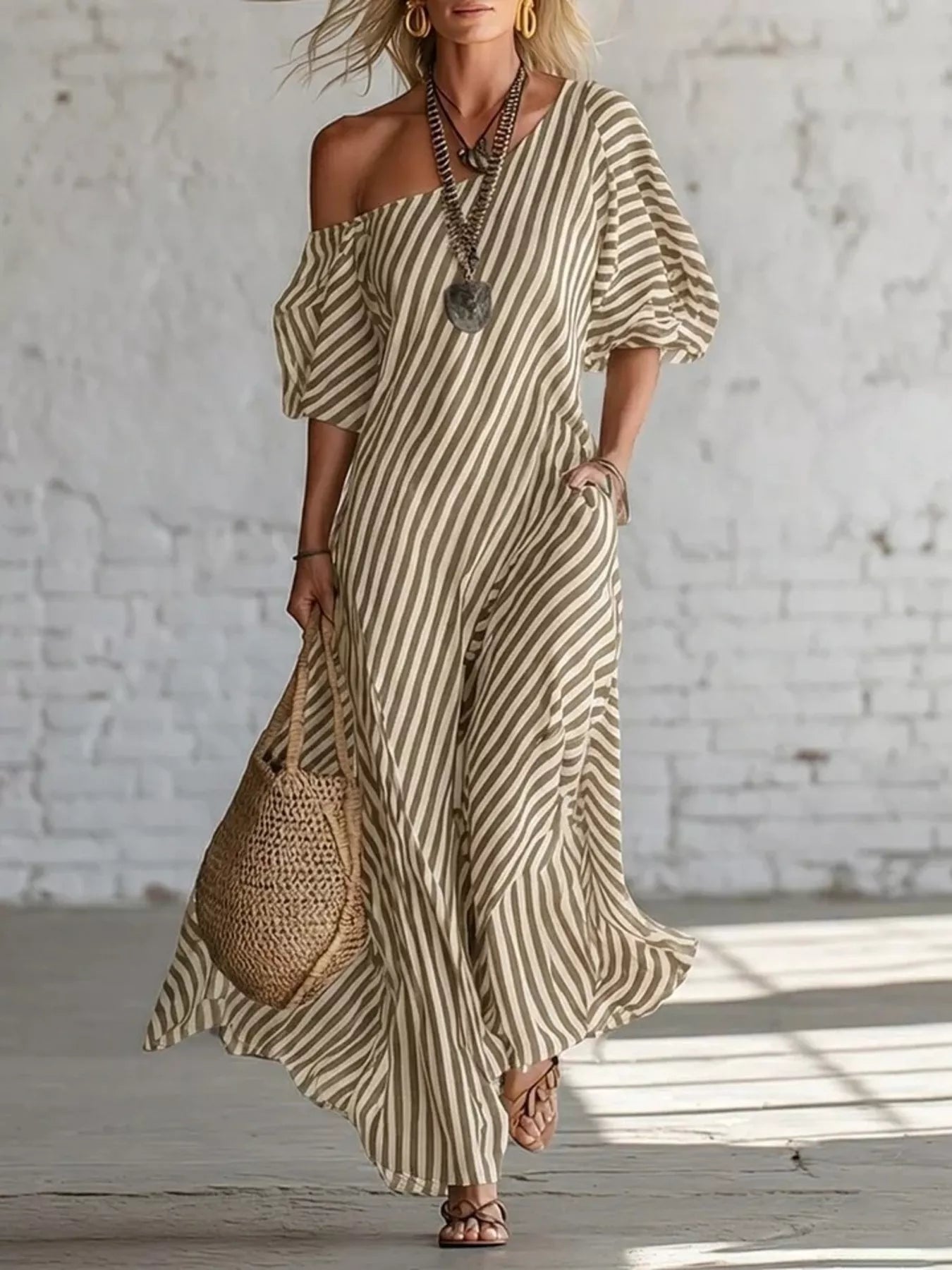 Full Size Striped One-Shoulder Casual Maxi Dress Plus Size-Stay Foxy Boutique, Florissant, Missouri