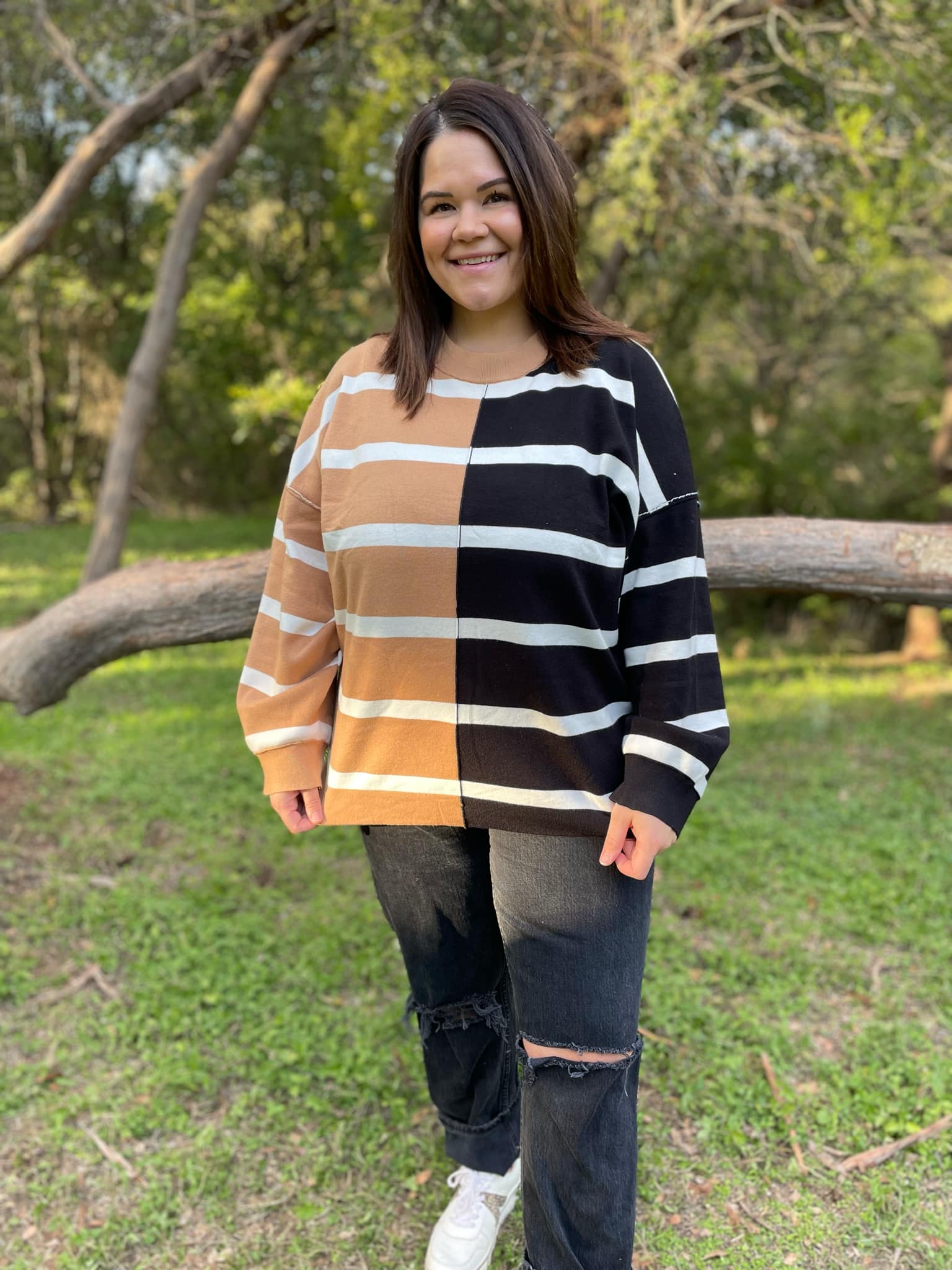 PREORDER: Exceptional Thought Striped Patchwork Sweater in Three Colors-Womens-Stay Foxy Boutique, Florissant, Missouri