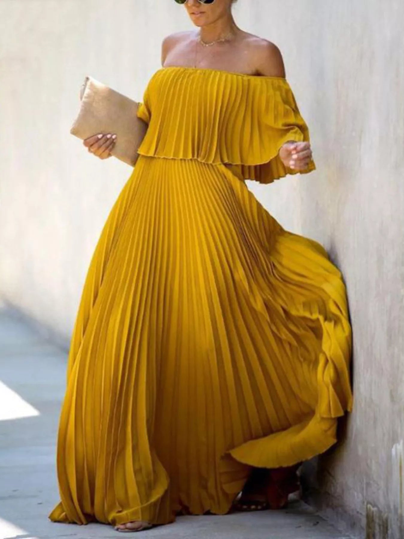 Full Size Off-Shoulder Pleated Maxi Dress Plus Size-Stay Foxy Boutique, Florissant, Missouri
