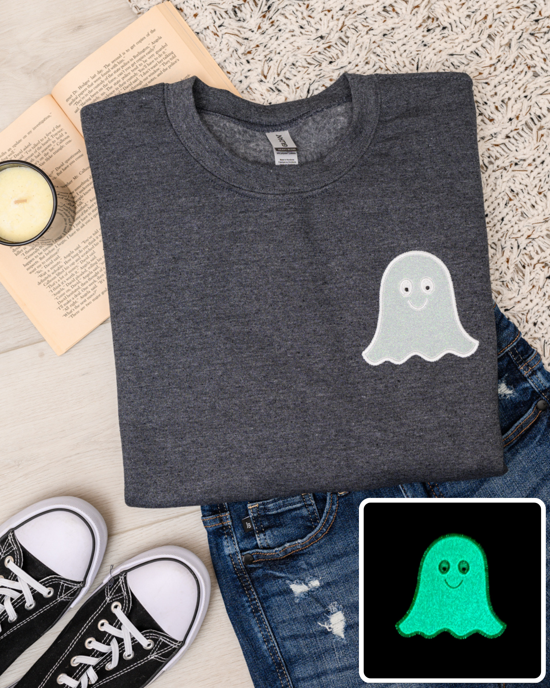 PREORDER: Glow in the Dark Ghost Applique Sweatshirt-Womens-Stay Foxy Boutique, Florissant, Missouri