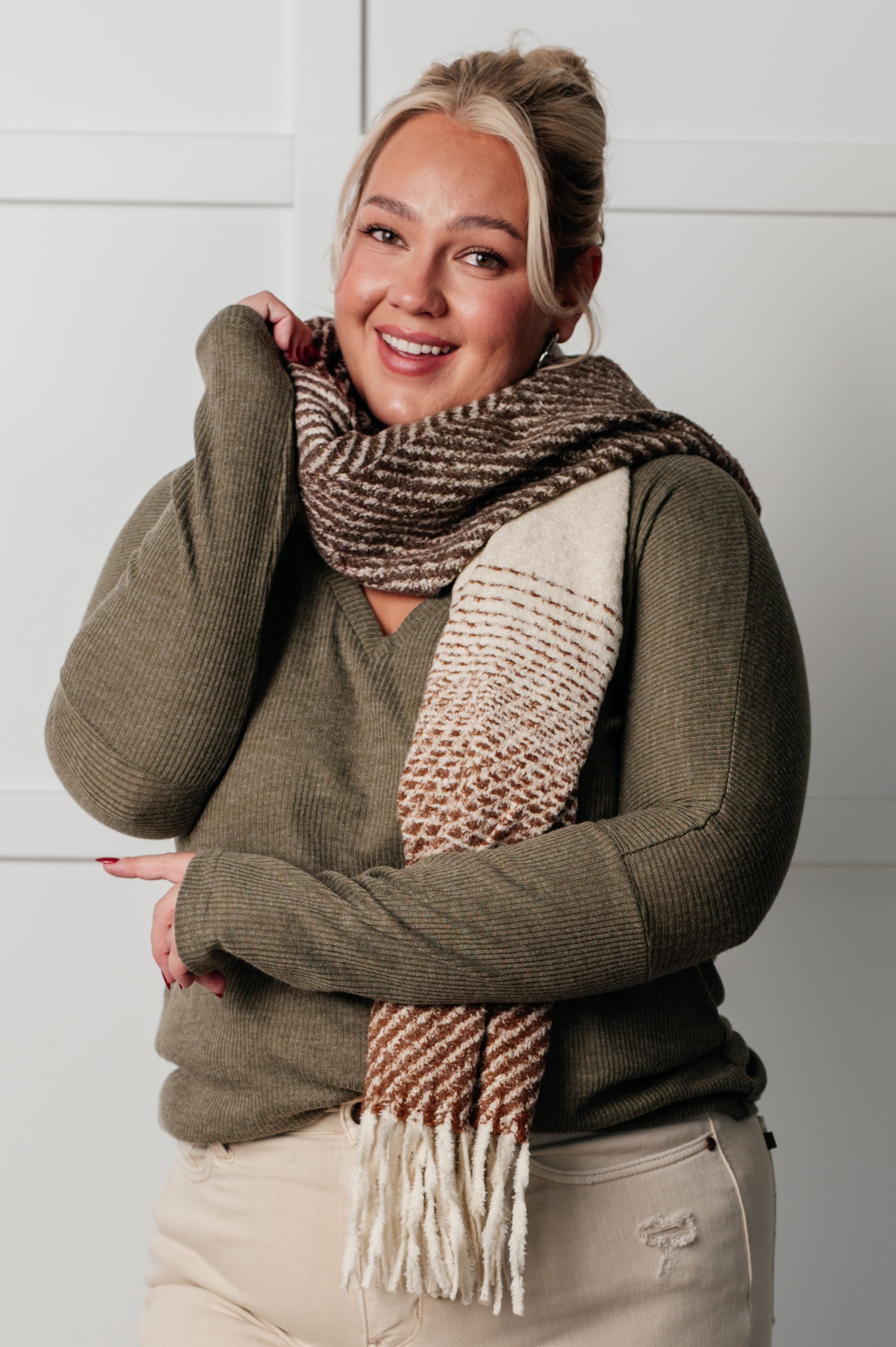 Cold Front Fringe Scarf in Coffee and Red-Accessories-Stay Foxy Boutique, Florissant, Missouri