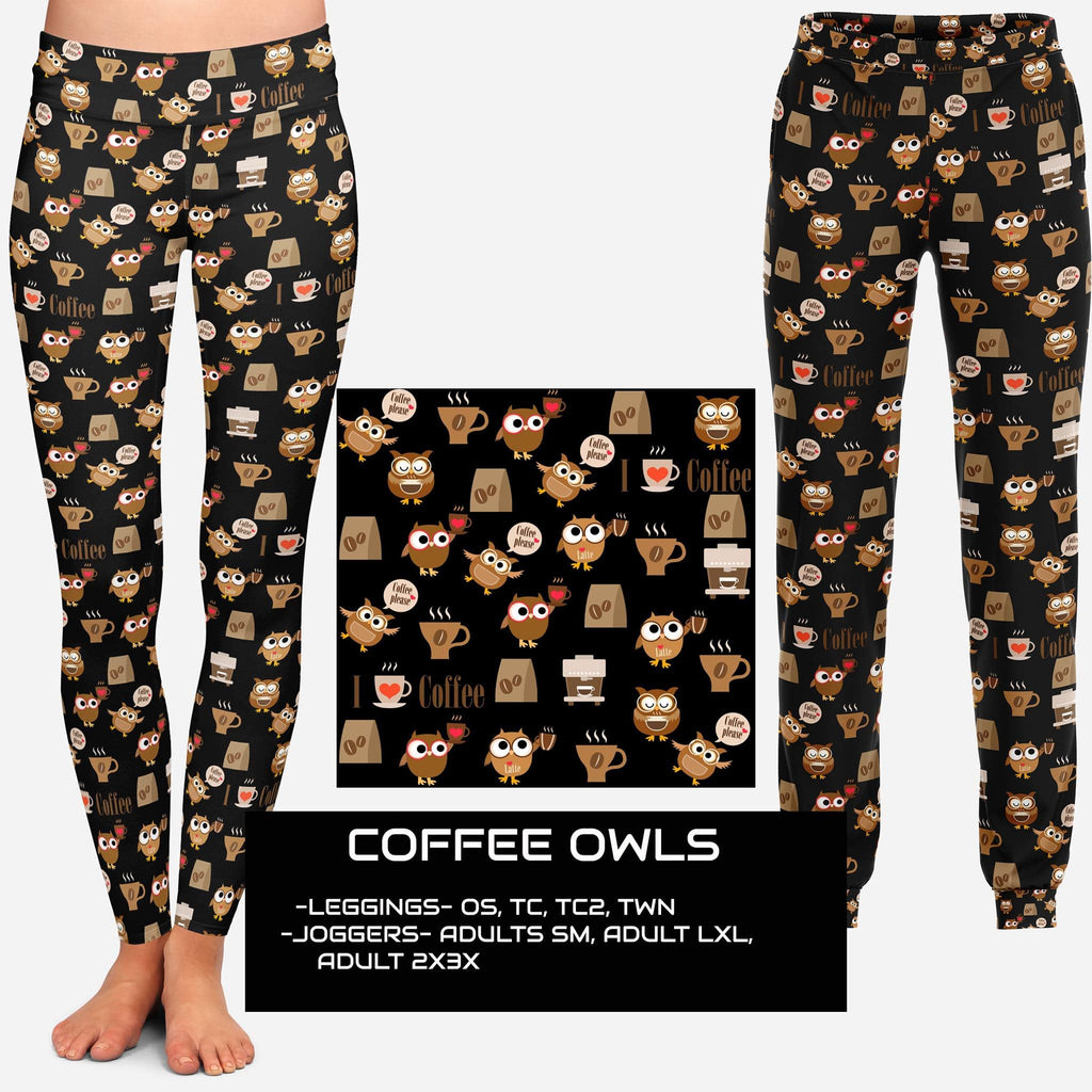 COFFEE OWLS LEGGINGS/JOGGERS-Stay Foxy Boutique, Florissant, Missouri