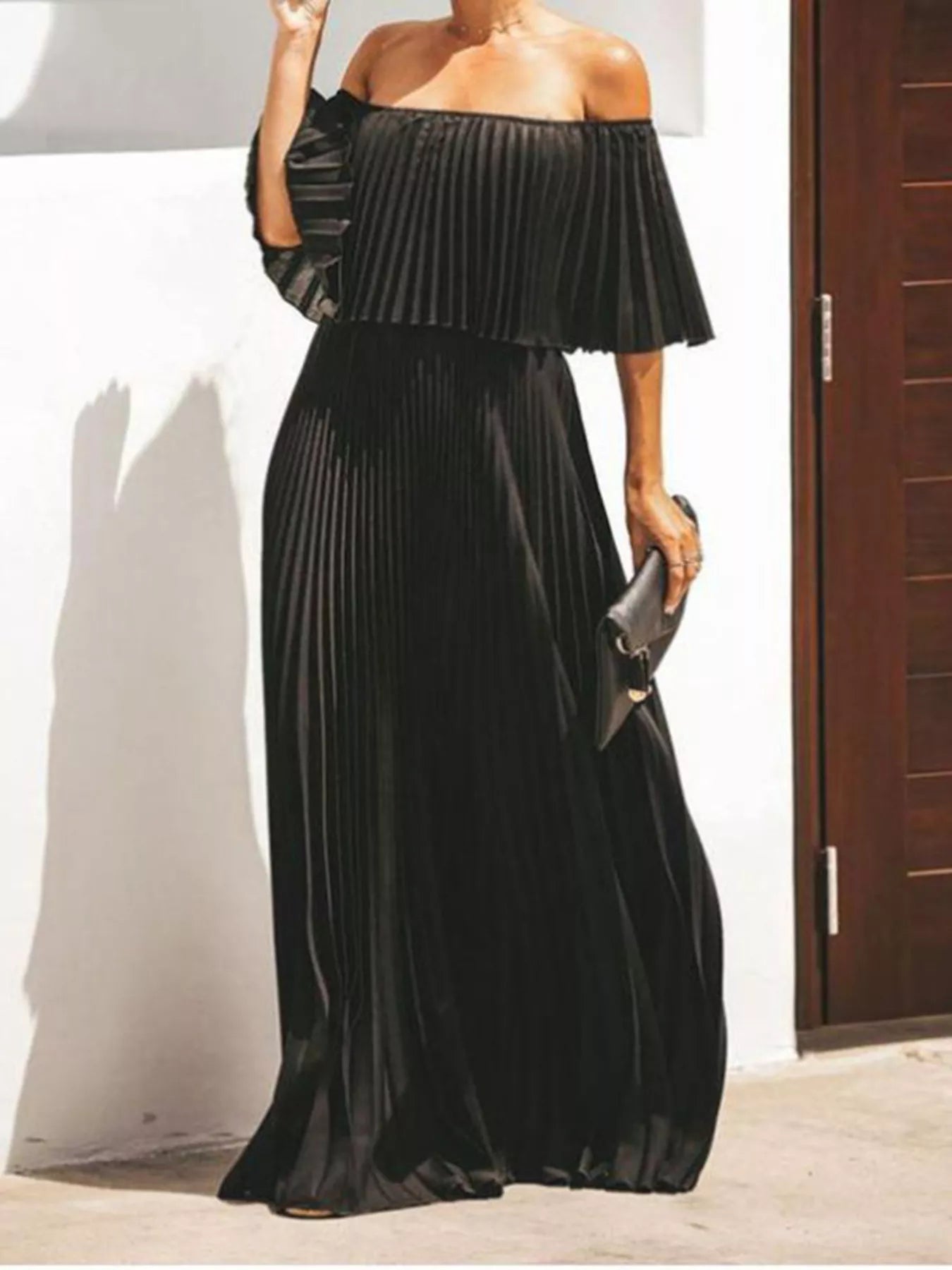 Full Size Off-Shoulder Pleated Maxi Dress Plus Size-Stay Foxy Boutique, Florissant, Missouri