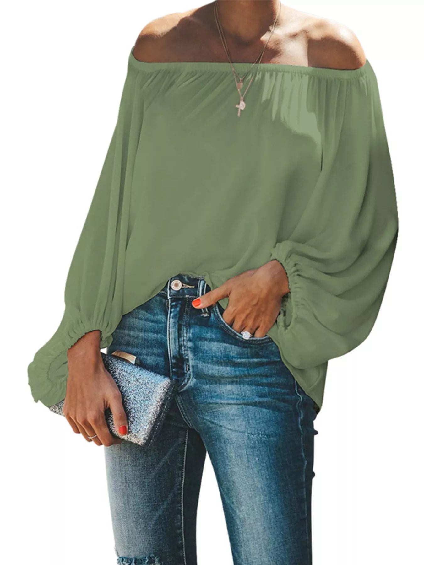 Full Size Off-Shoulder Balloon Sleeve Blouse Plus Size-Stay Foxy Boutique, Florissant, Missouri