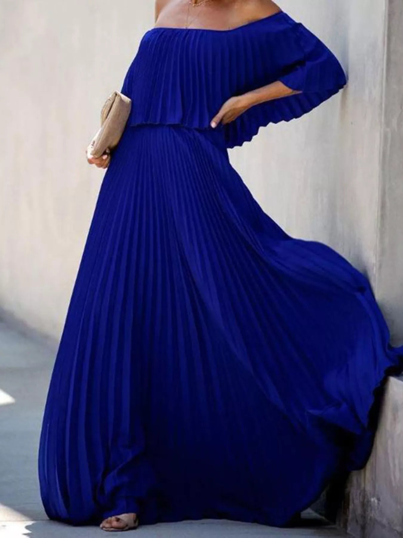 Full Size Off-Shoulder Pleated Maxi Dress Plus Size-Stay Foxy Boutique, Florissant, Missouri