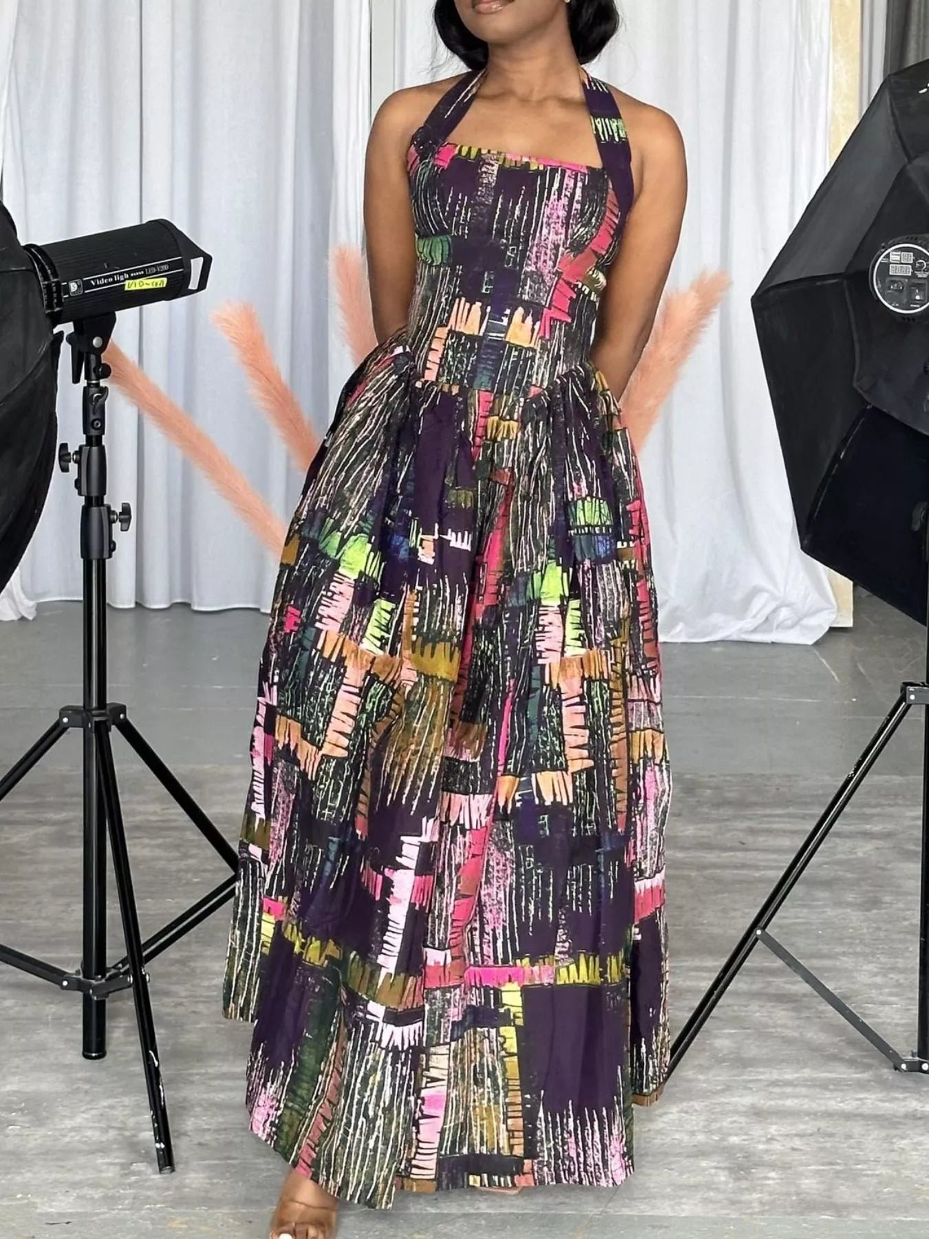 Full Size Abstract Print Halter Neck Maxi Dress Plus Size-Stay Foxy Boutique, Florissant, Missouri