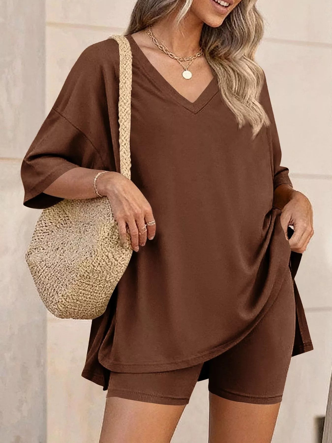 Full Size Casual Loose V-Neck T-Shirt & Shorts Set Plus Size-Stay Foxy Boutique, Florissant, Missouri