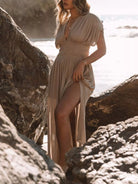 Full Size Slit V-Neck Smocked Waist Maxi Dress Plus Size-Stay Foxy Boutique, Florissant, Missouri