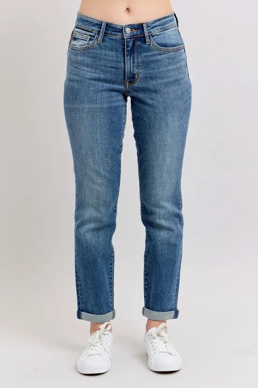 Judy Blue Full Size Mid Rise Skinny Cuff Jeans with Pockets Plus Size-Stay Foxy Boutique, Florissant, Missouri