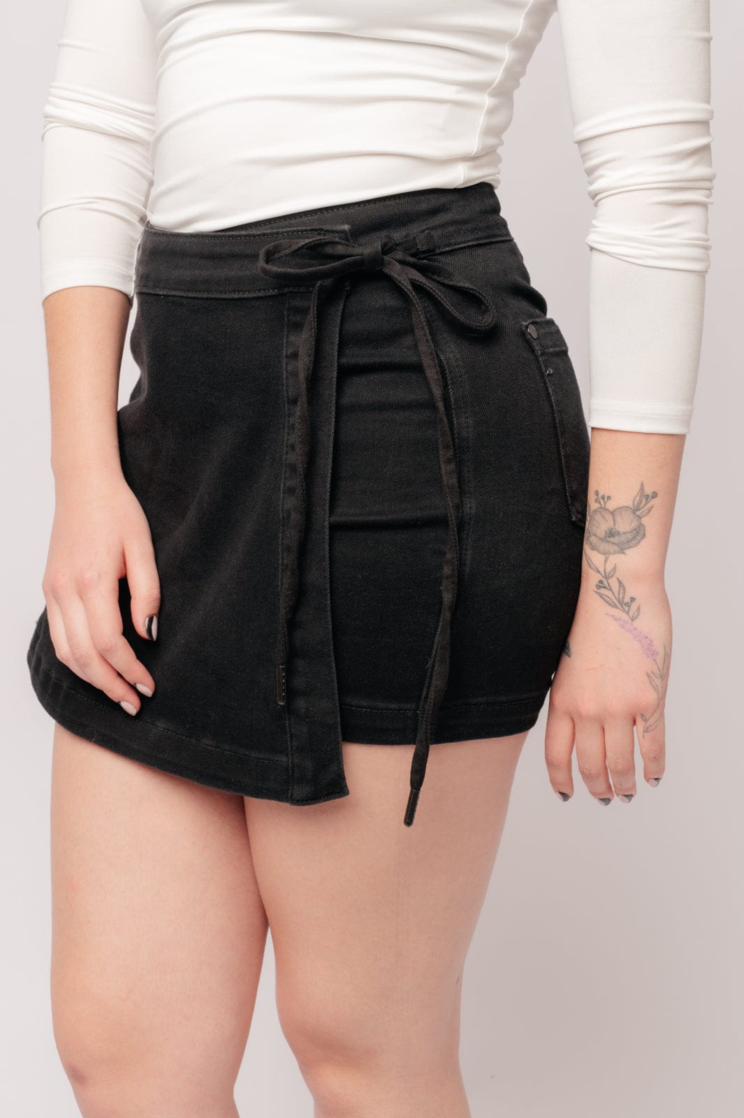 Bentli High Rise Side Tie Denim Skort in Black-Womens-Stay Foxy Boutique, Florissant, Missouri