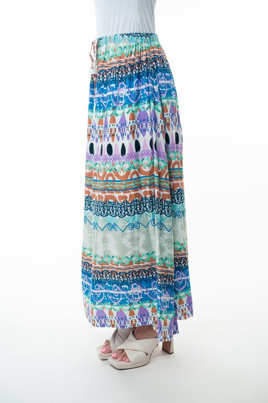 Printed Elastic Waist Band Long Skirt with Tassels in Sage Combo-Womens-Stay Foxy Boutique, Florissant, Missouri
