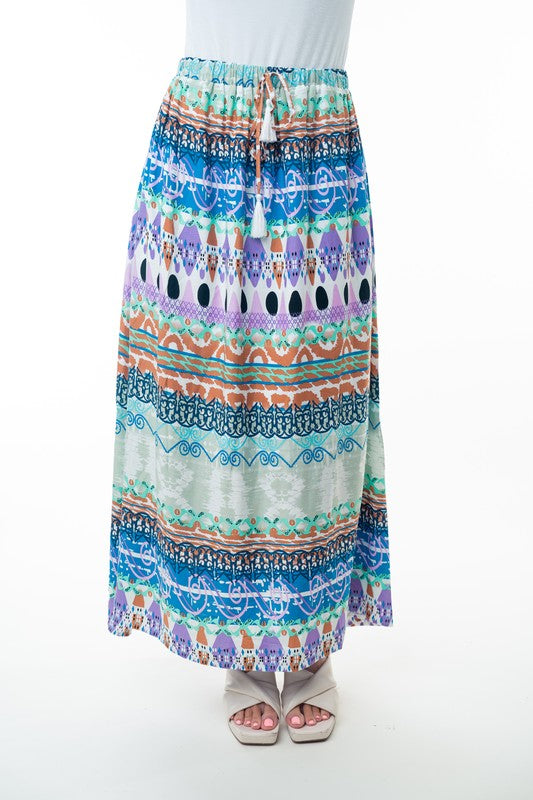 Printed Elastic Waist Band Long Skirt with Tassels in Sage Combo-Womens-Stay Foxy Boutique, Florissant, Missouri