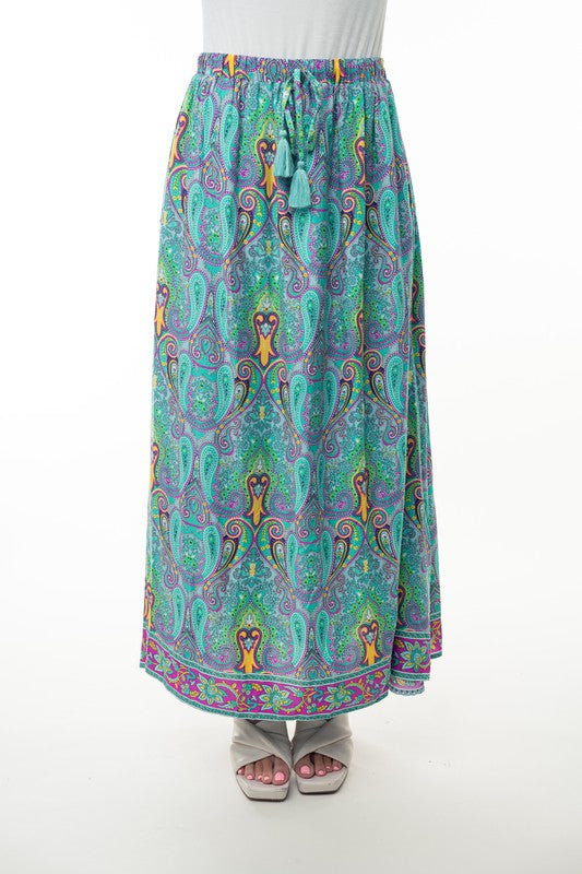 Printed Elastic Waist Band Long Skirt with Tassels in Mint Combo-Womens-Stay Foxy Boutique, Florissant, Missouri