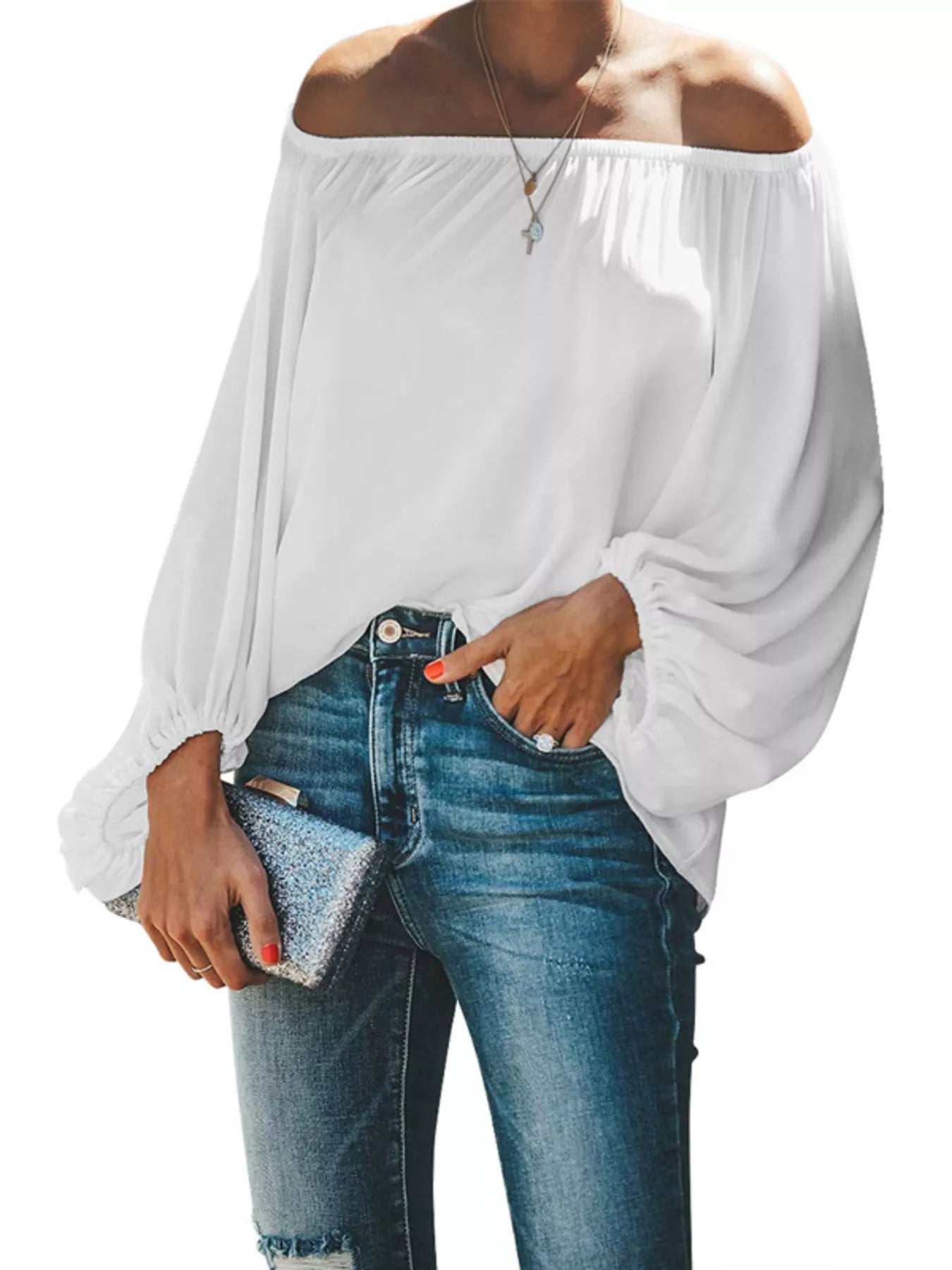 Full Size Off-Shoulder Balloon Sleeve Blouse Plus Size-Stay Foxy Boutique, Florissant, Missouri