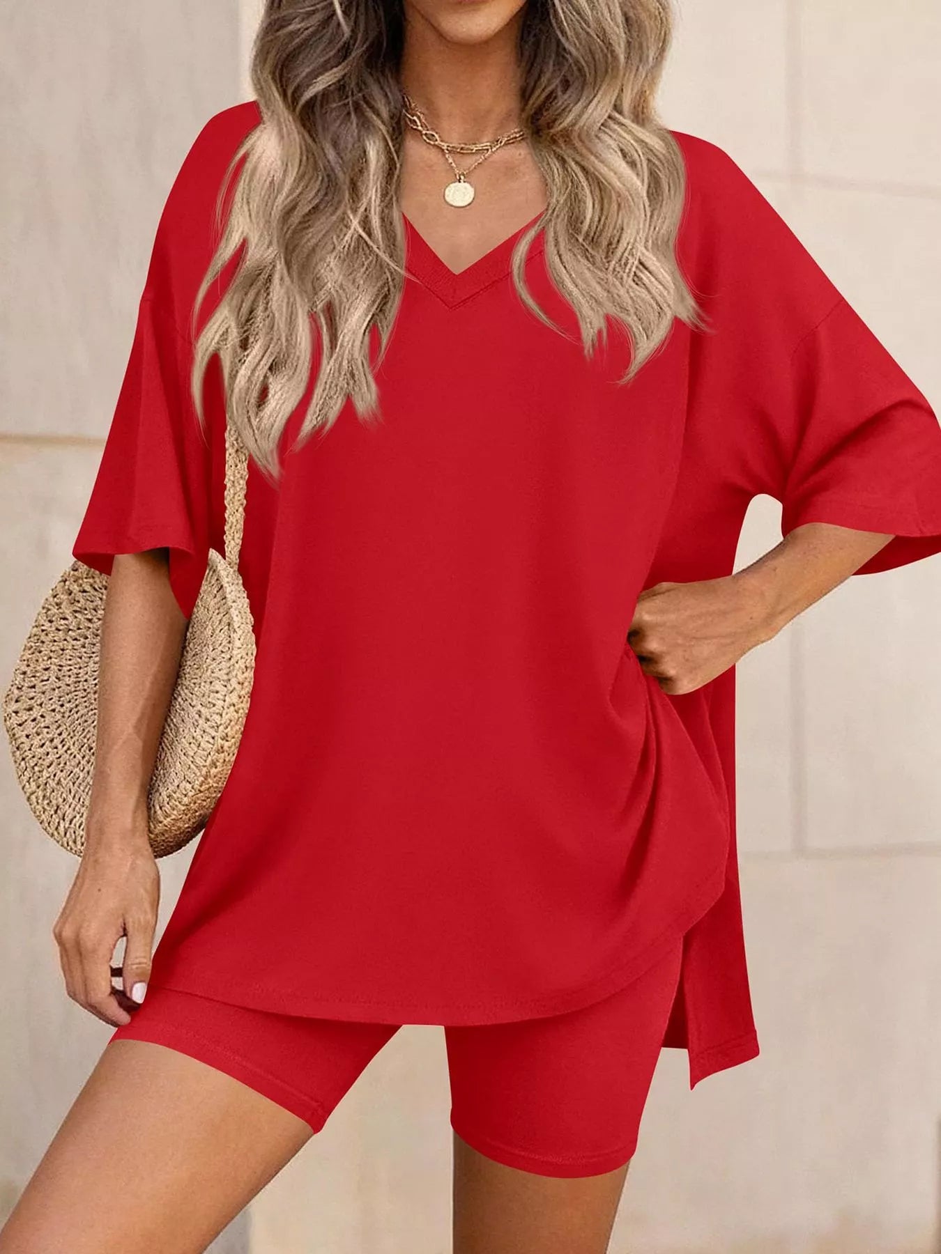 Full Size Casual Loose V-Neck T-Shirt & Shorts Set Plus Size-Stay Foxy Boutique, Florissant, Missouri