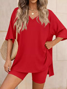 Full Size Casual Loose V-Neck T-Shirt & Shorts Set Plus Size-Stay Foxy Boutique, Florissant, Missouri