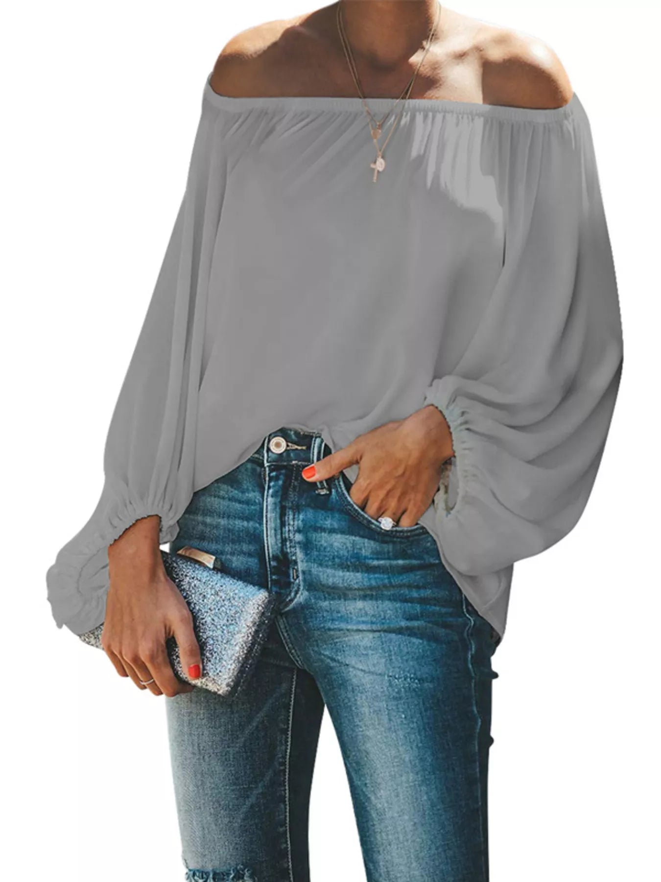 Full Size Off-Shoulder Balloon Sleeve Blouse Plus Size-Stay Foxy Boutique, Florissant, Missouri