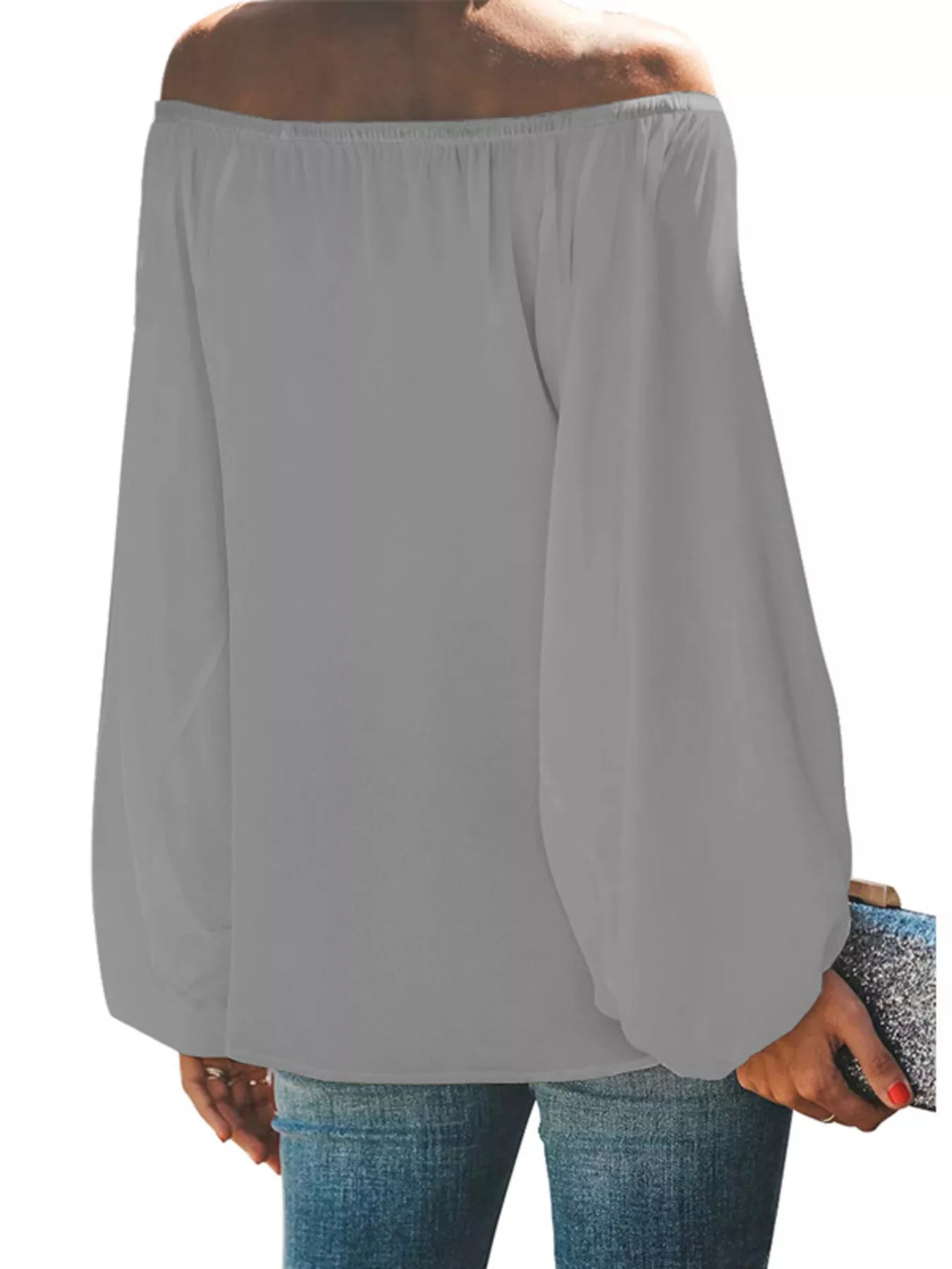 Full Size Off-Shoulder Balloon Sleeve Blouse Plus Size-Stay Foxy Boutique, Florissant, Missouri