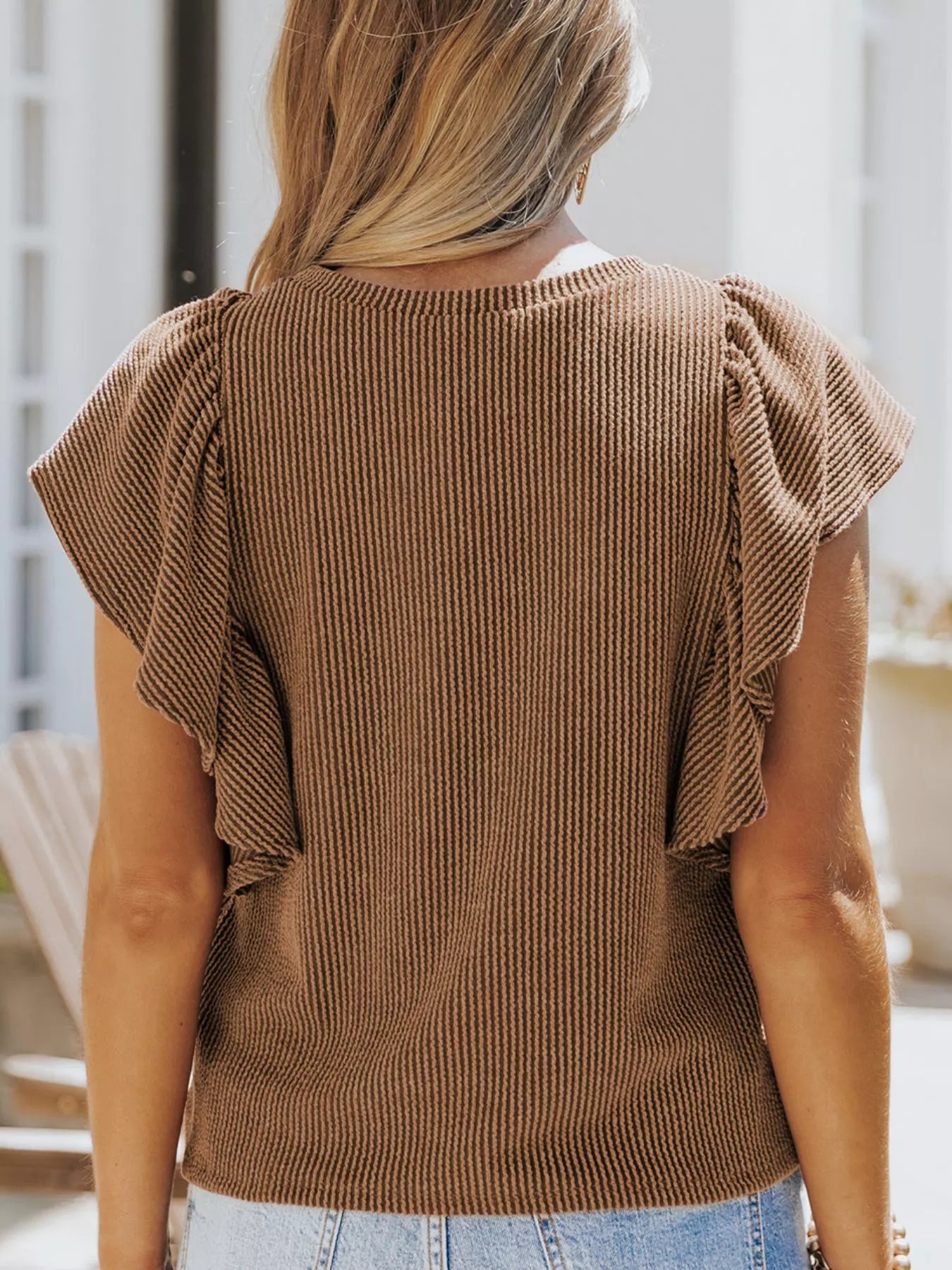 Full Size Ruffled Sleeve Ribbed Knit T-Shirt Plus Size-Stay Foxy Boutique, Florissant, Missouri