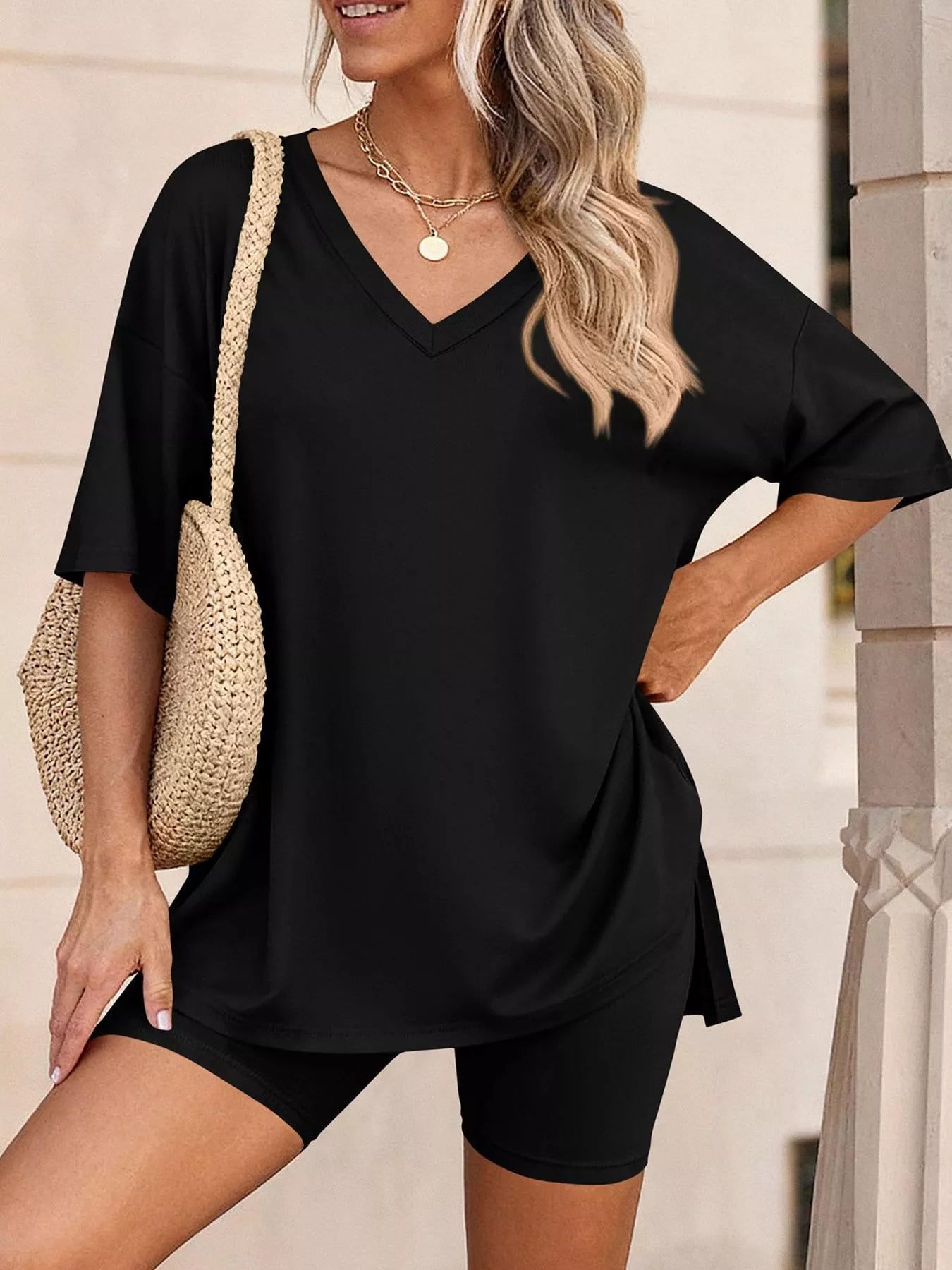 Full Size Casual Loose V-Neck T-Shirt & Shorts Set Plus Size-Stay Foxy Boutique, Florissant, Missouri
