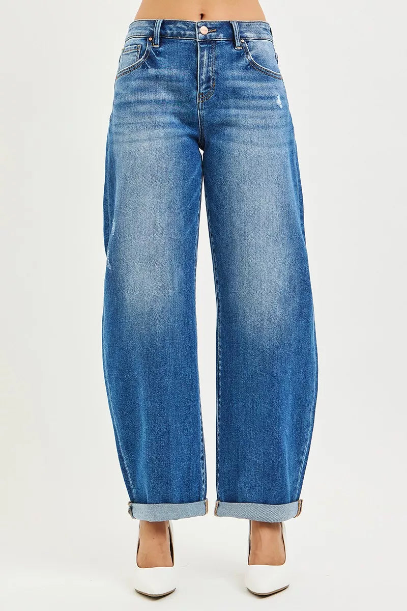 RISEN Full Size Mid Rise Barrel Double Roll Up Jeans Plus Size-Stay Foxy Boutique, Florissant, Missouri