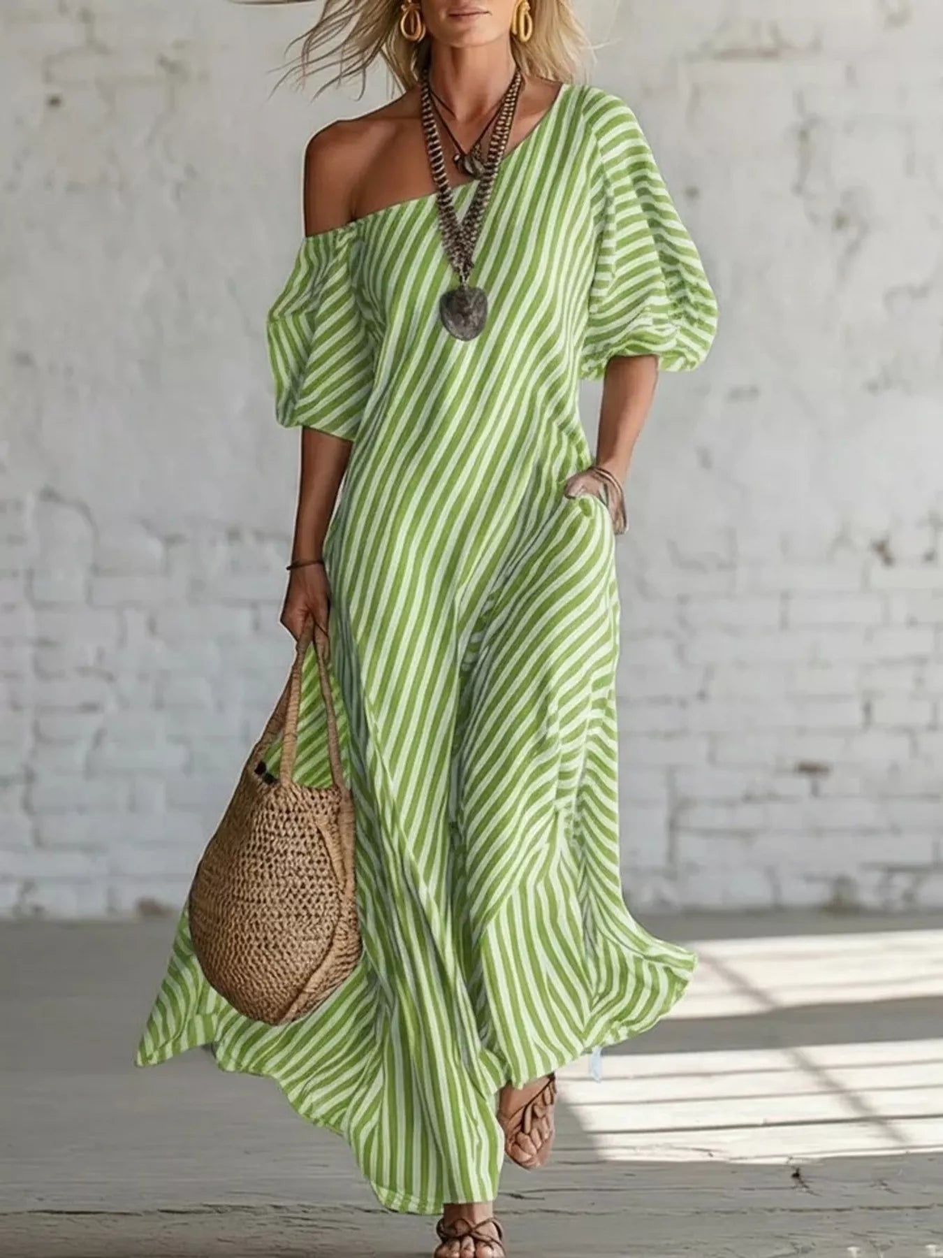Full Size Striped One-Shoulder Casual Maxi Dress Plus Size-Stay Foxy Boutique, Florissant, Missouri
