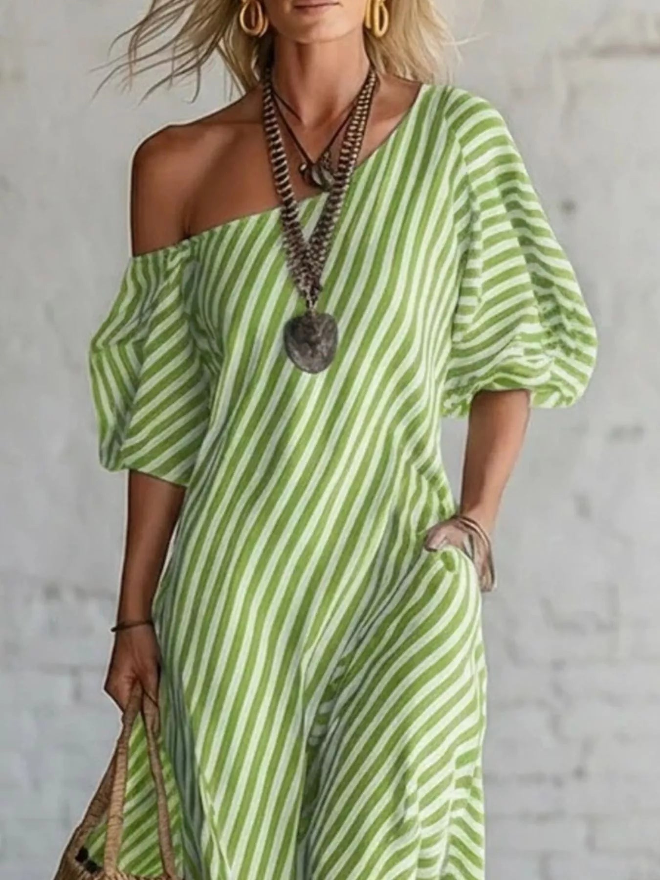 Full Size Striped One-Shoulder Casual Maxi Dress Plus Size-Stay Foxy Boutique, Florissant, Missouri
